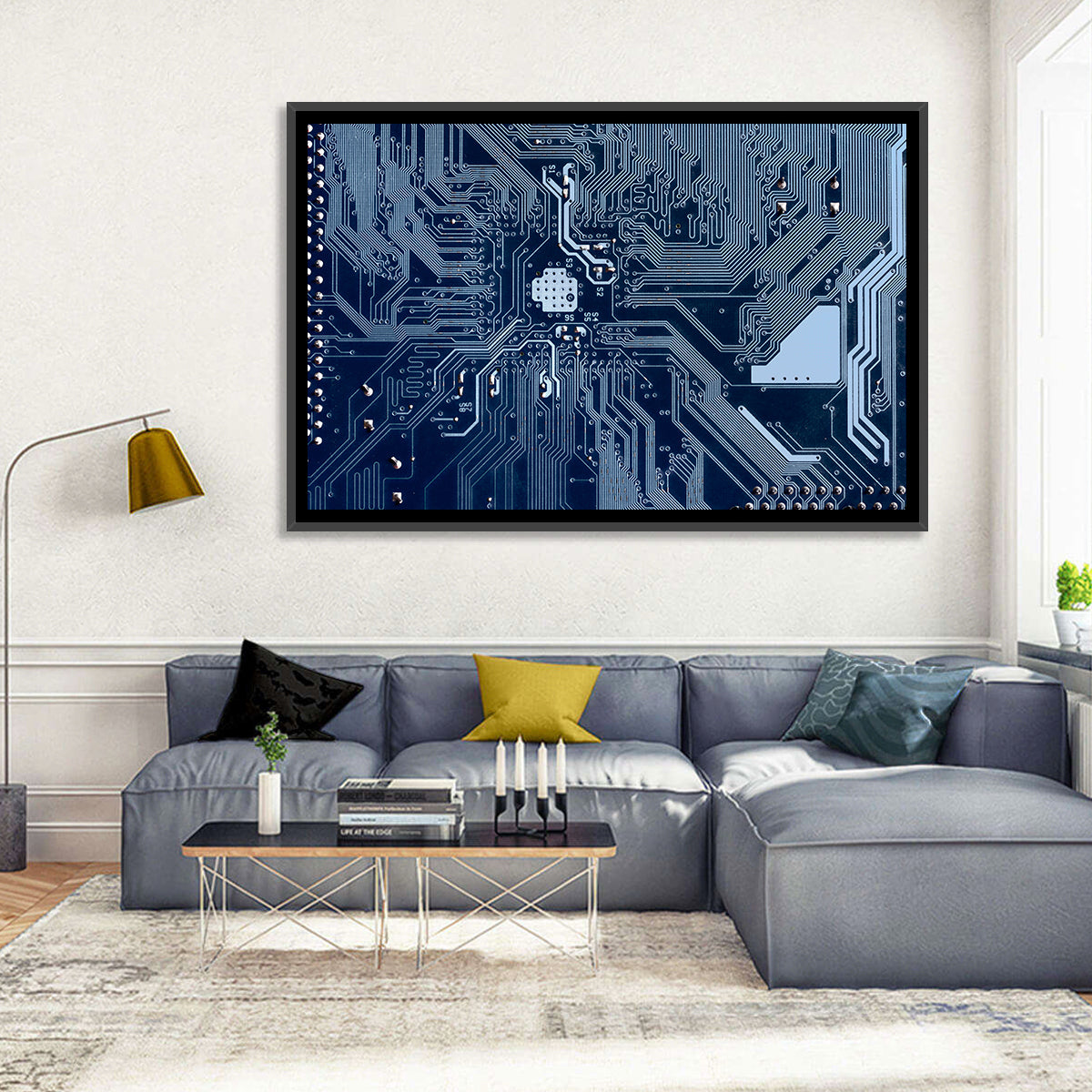 Blue Circuit Board Wall Art in a room, landscape