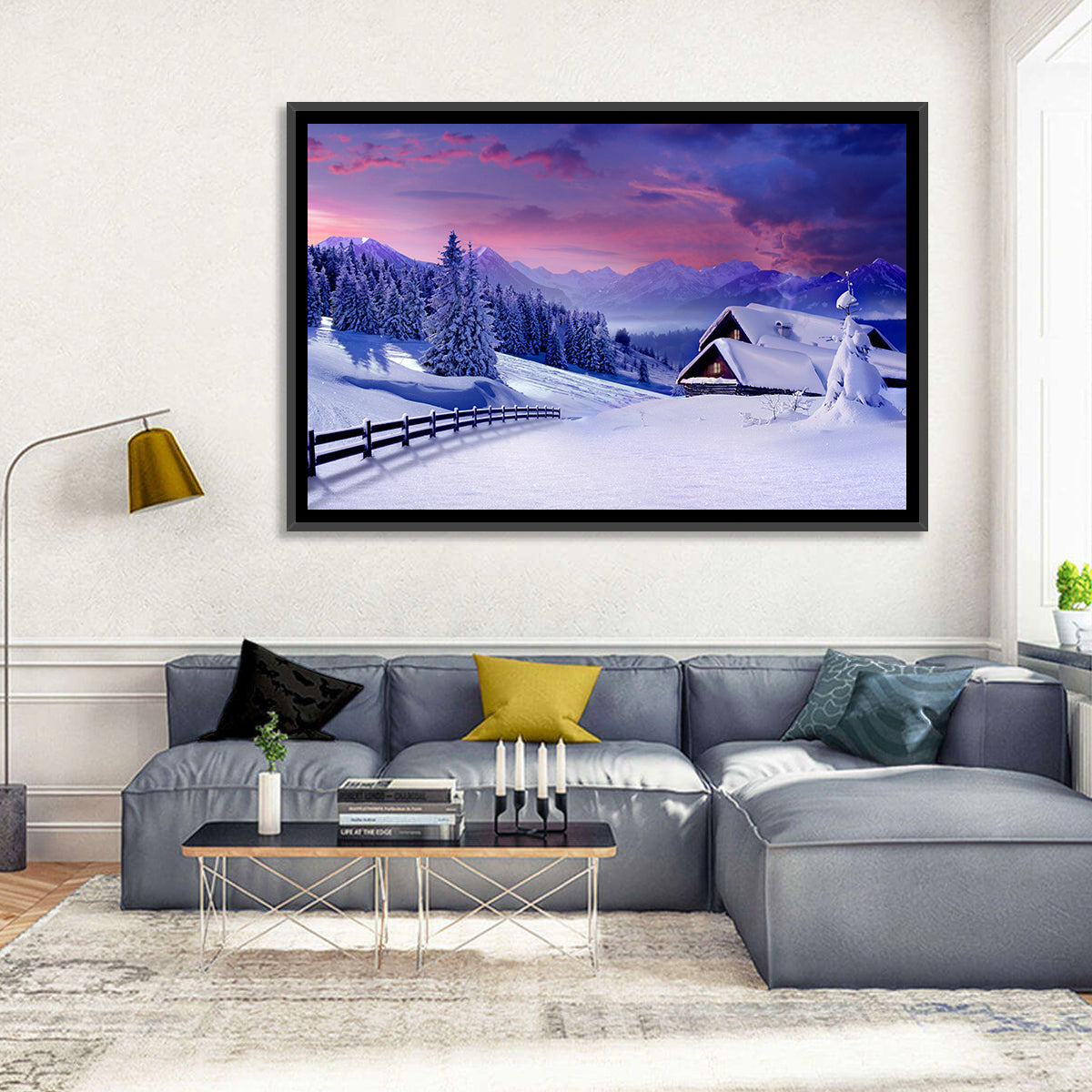 Snowy Mountain Cabin Wall Art in a room, landscape