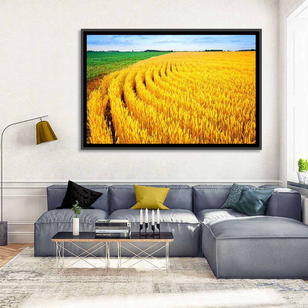 Summer Wheat Field with Curved Paths Wall Art in a room, landscape