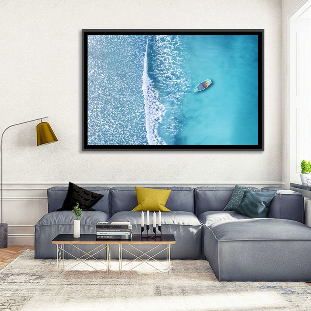 Lone Boat Over Turquoise Waves Wall Art