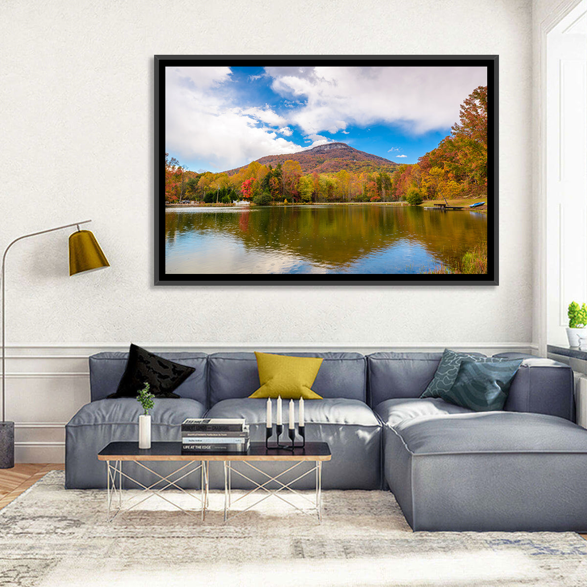 Yonah Mountain Autumn Reflection Wall Art in a room, landscape