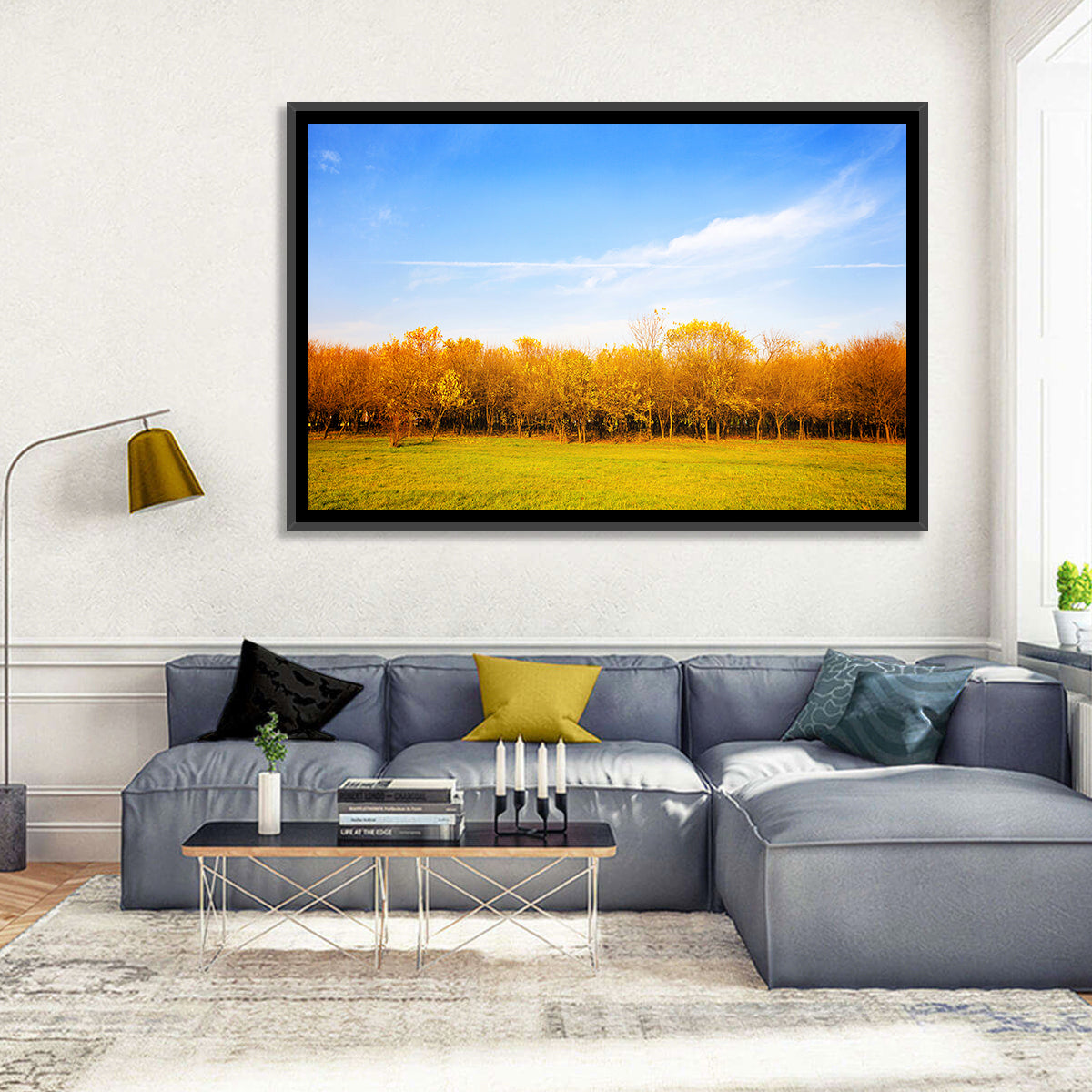 Autumn Forest Meadow Wall Art in a room, landscape