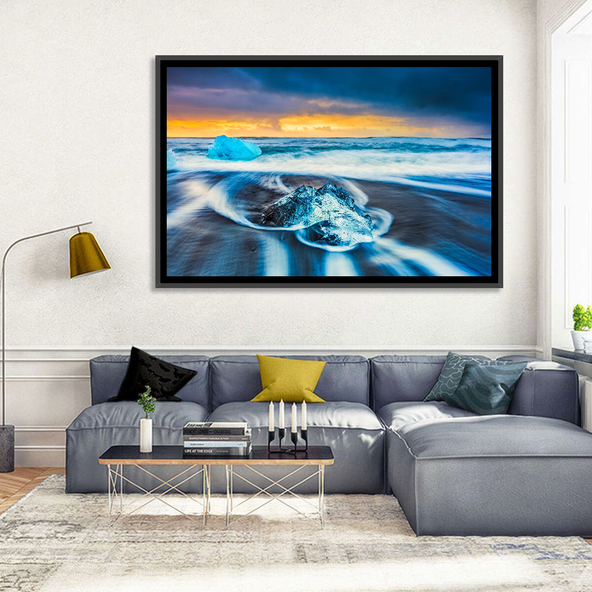 Diamond Beach Ice at Dusk Wall Art in a room, landscape