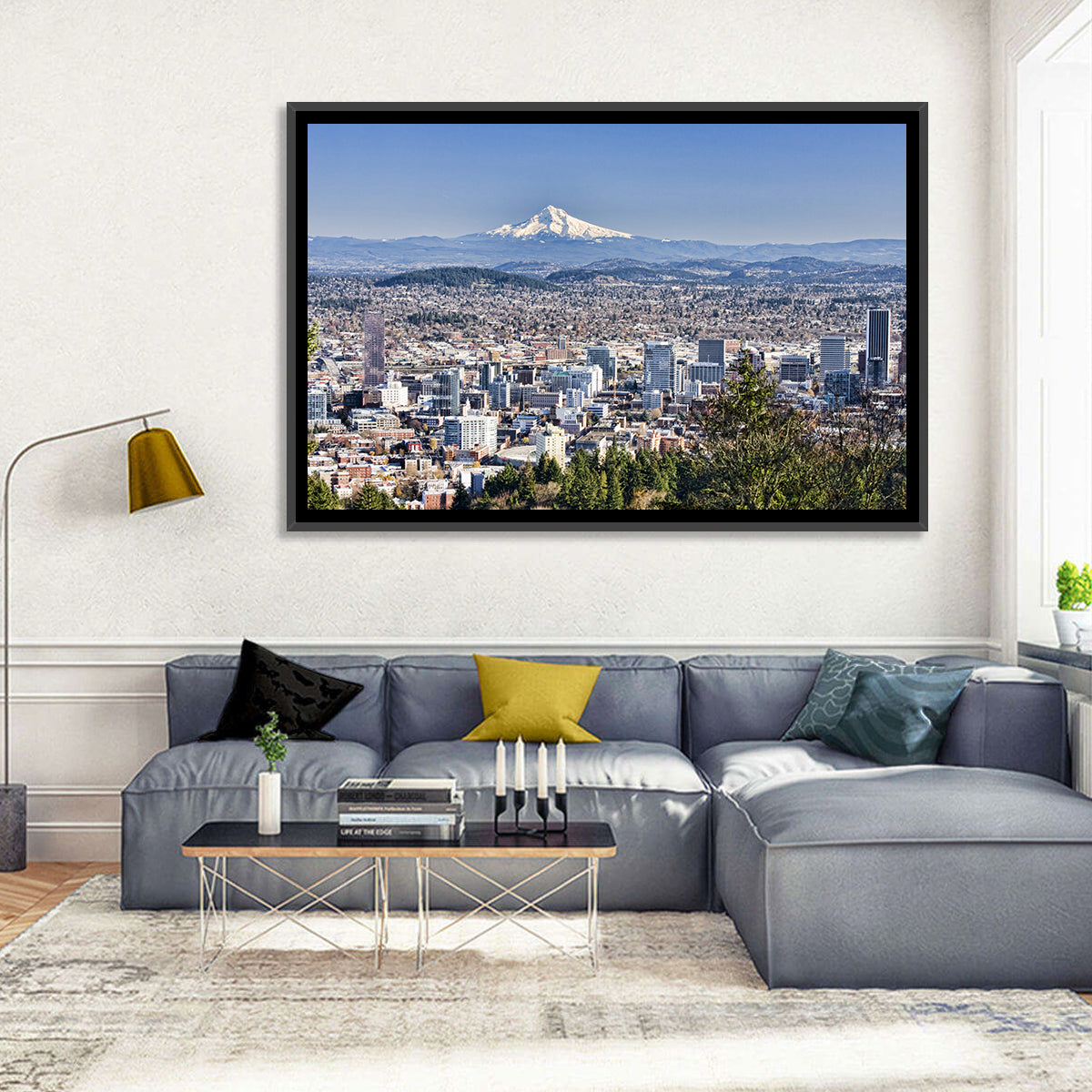 Portland Skyline with Mount Hood Wall Art in a room, landscape