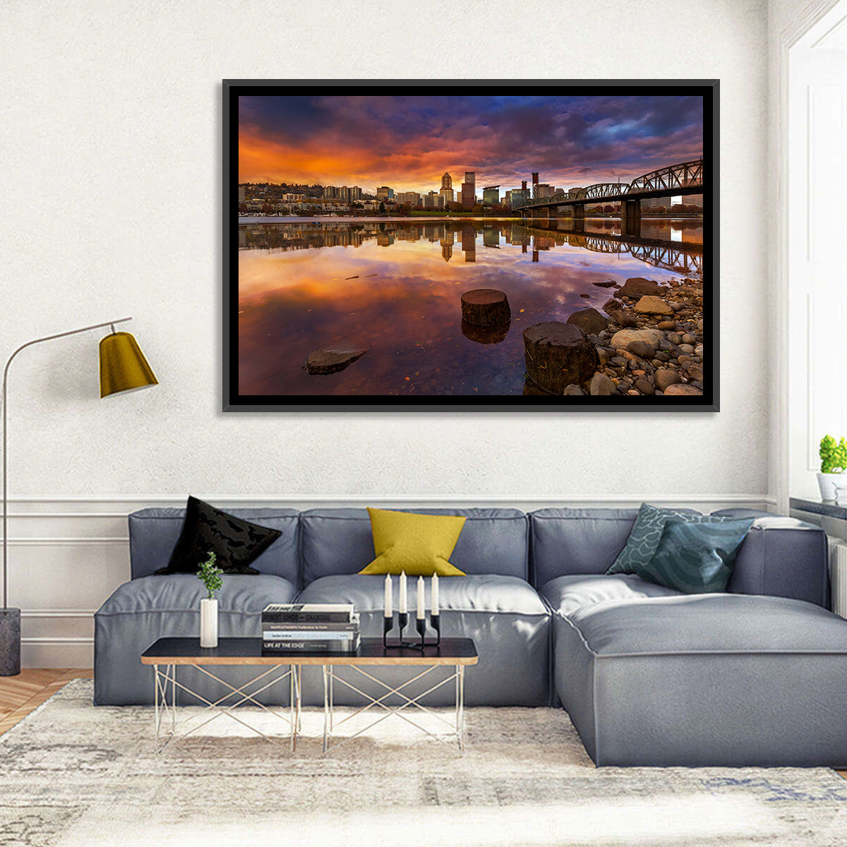 Portland Skyline at Sunset Wall Art in a room, landscape