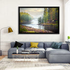 Misty River with Red Roof Cabin Wall Art