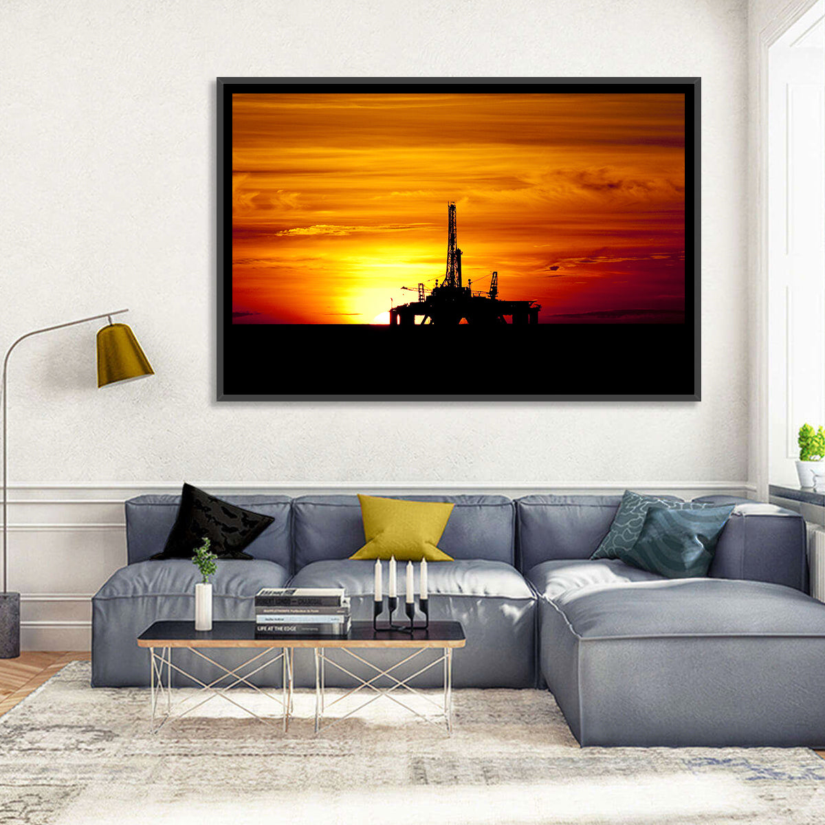 Offshore Oil Rig at Sunset Wall Art in a room, landscape
