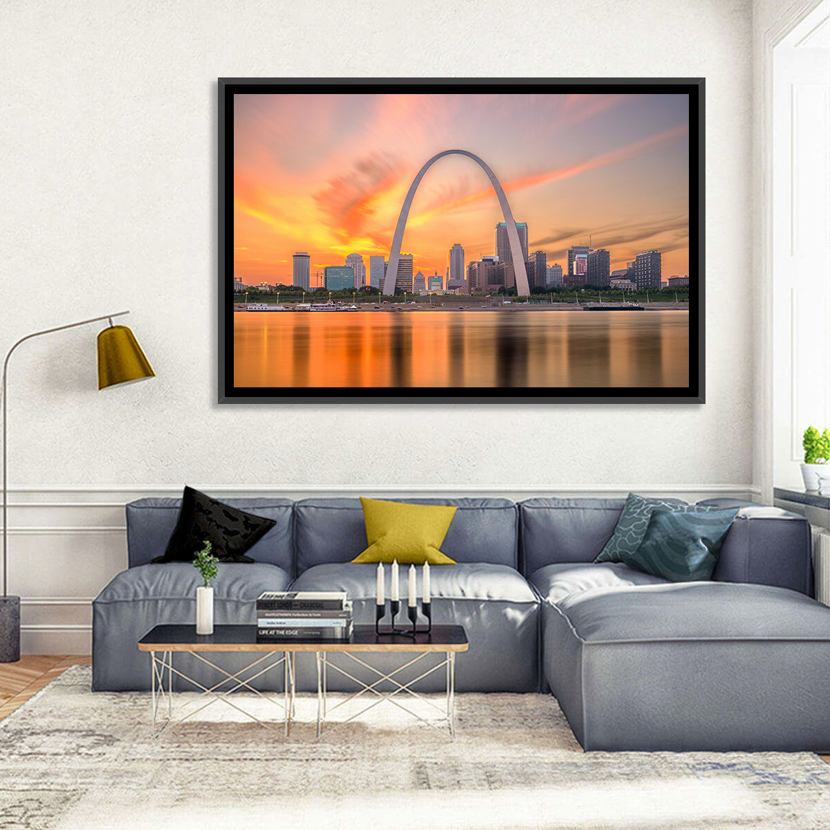 St. Louis Gateway Arch Skyline Wall Art in a room, landscape
