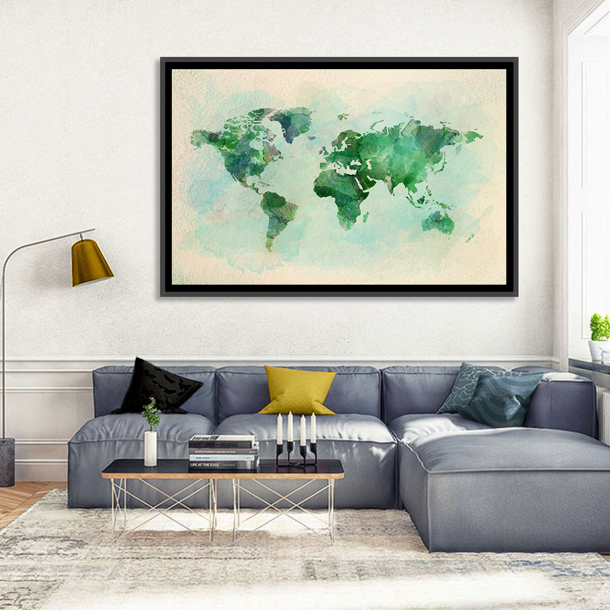 Green Watercolor World Map Wall Art in a room, landscape