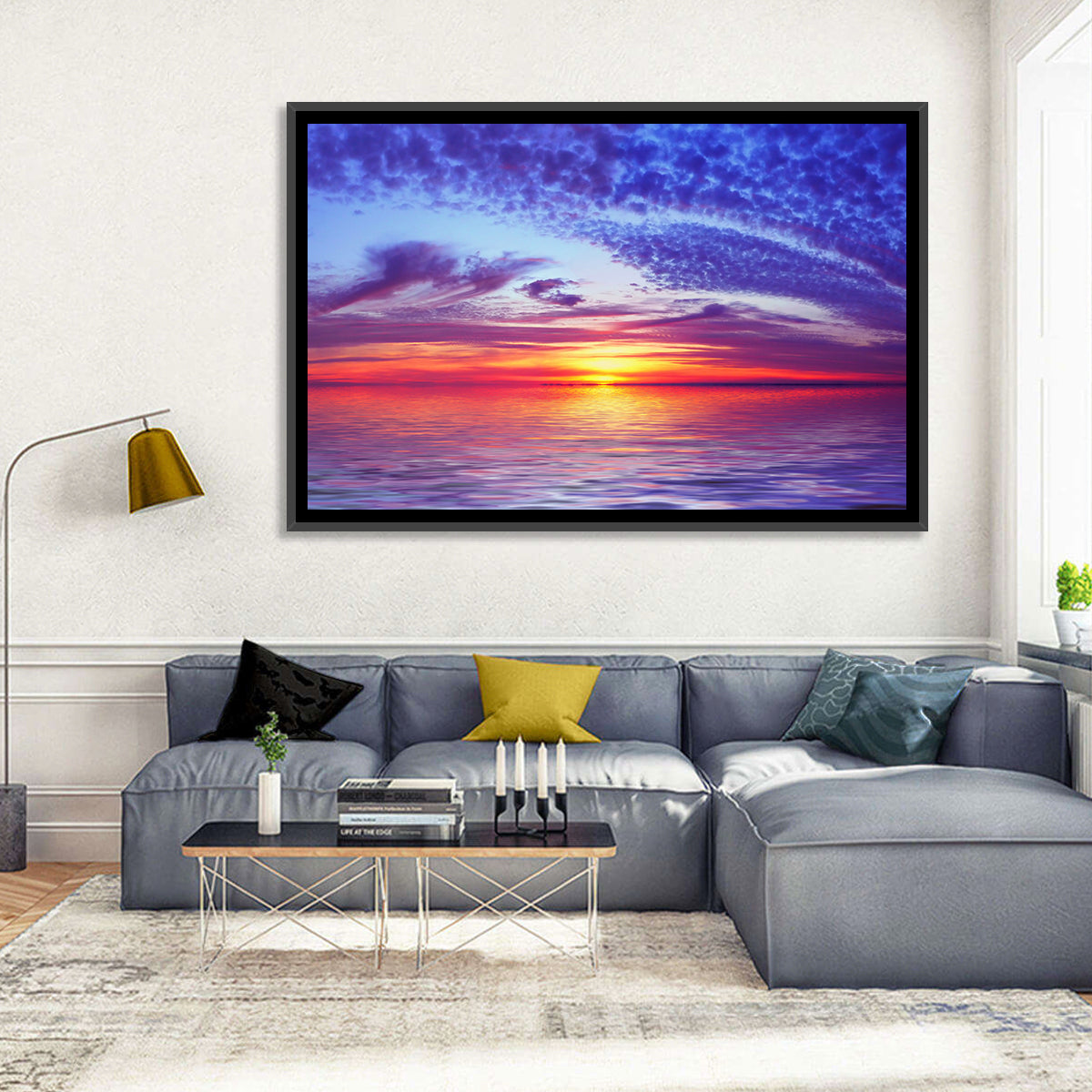Bay Beach Sunset Wall Art in a room, landscape
