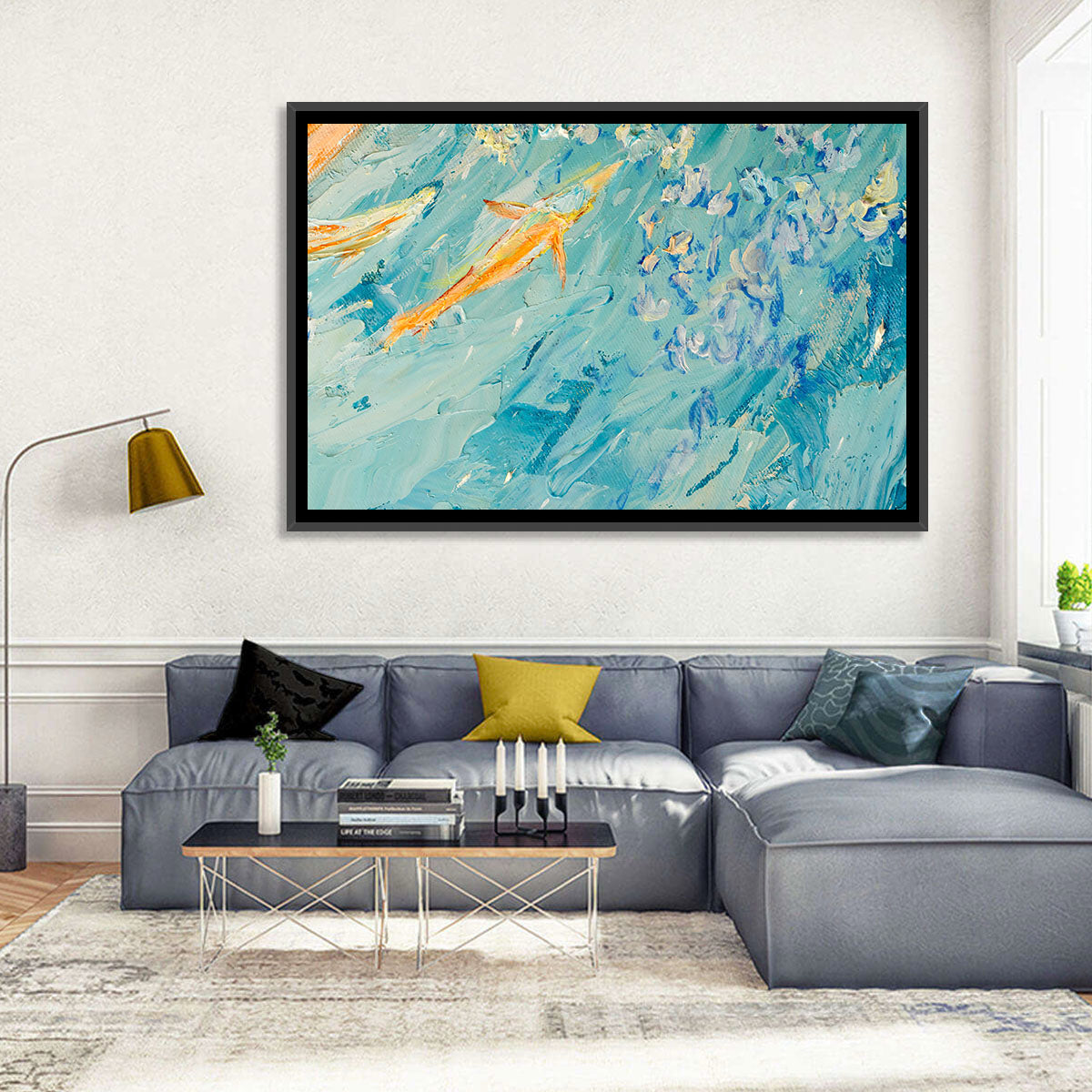 Koi in Blue Abstract Wall Art in a room, landscape