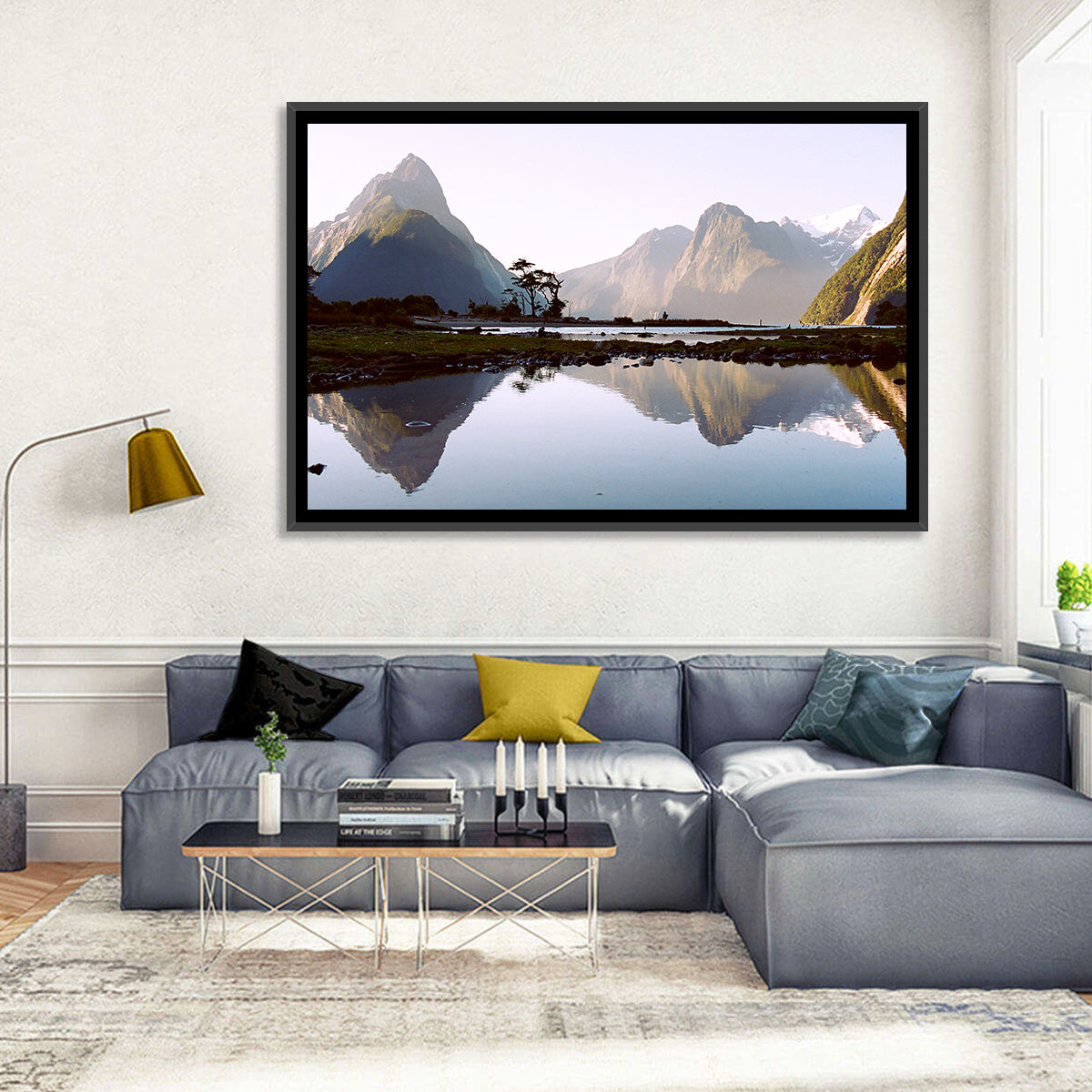 Mitre Peak Reflection at Milford Sound Wall Art in a room, landscape