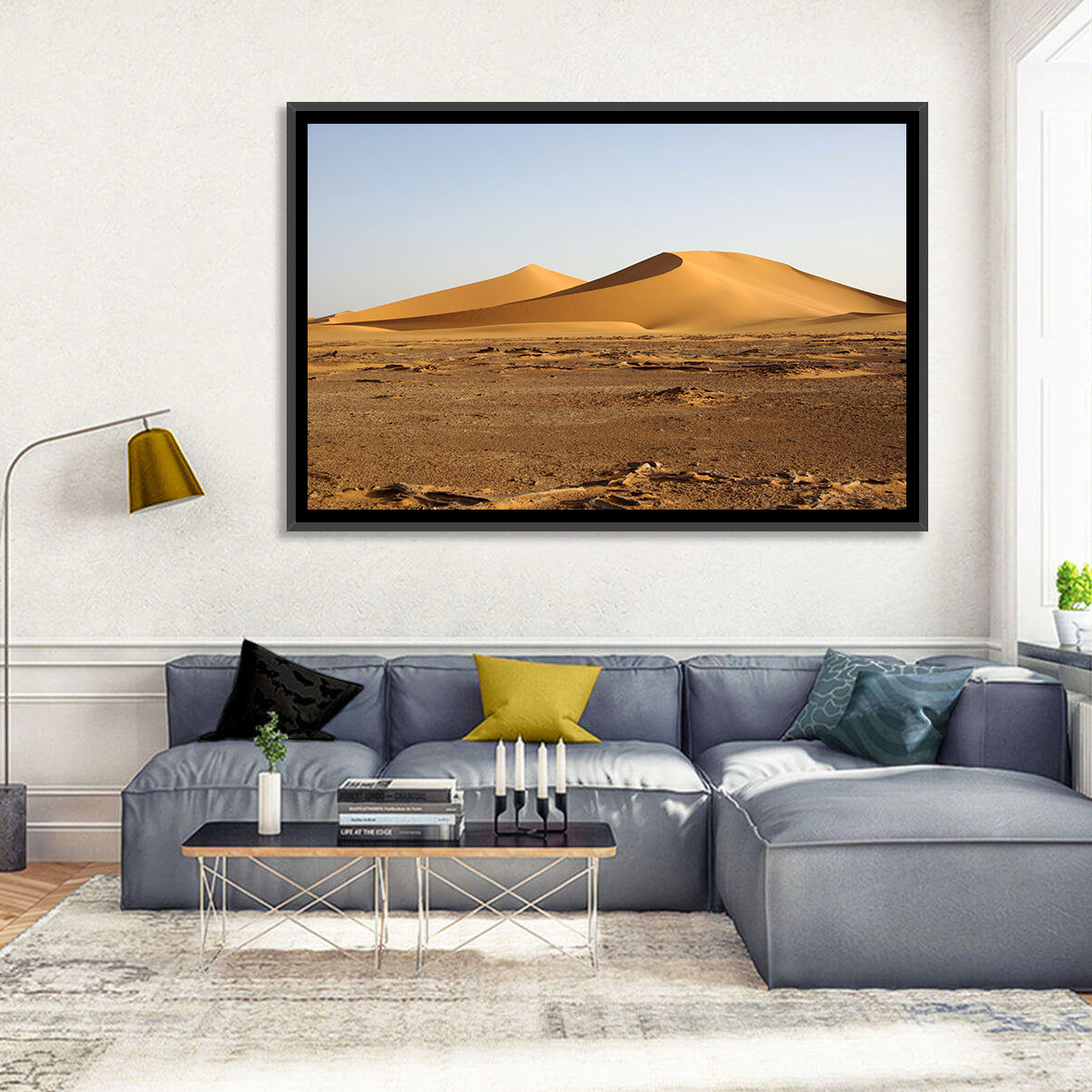 Golden Hour Desert Dunes Wall Art in a room, landscape