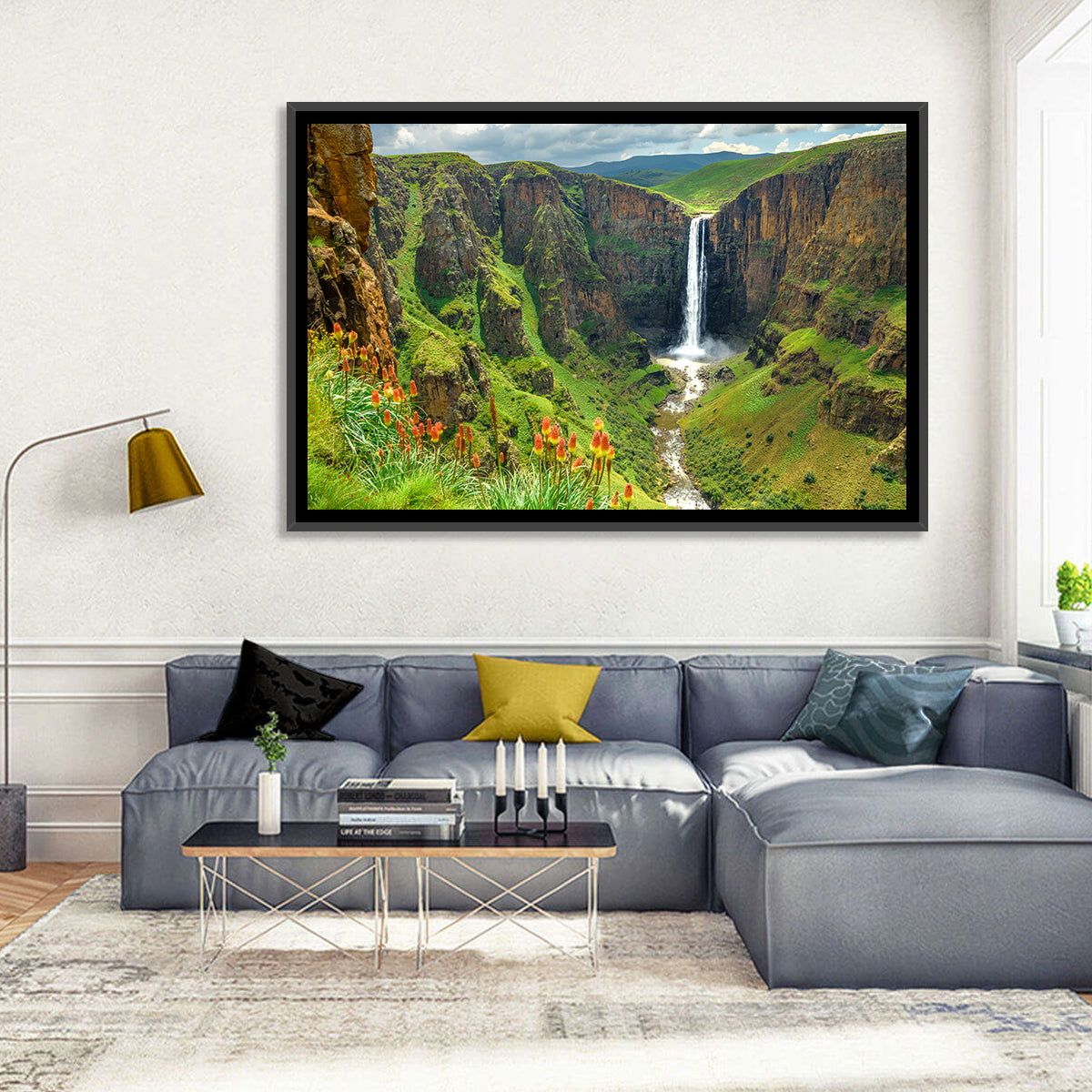 Maletsunyane Falls with Torch Lilies Wall Art in a room, landscape