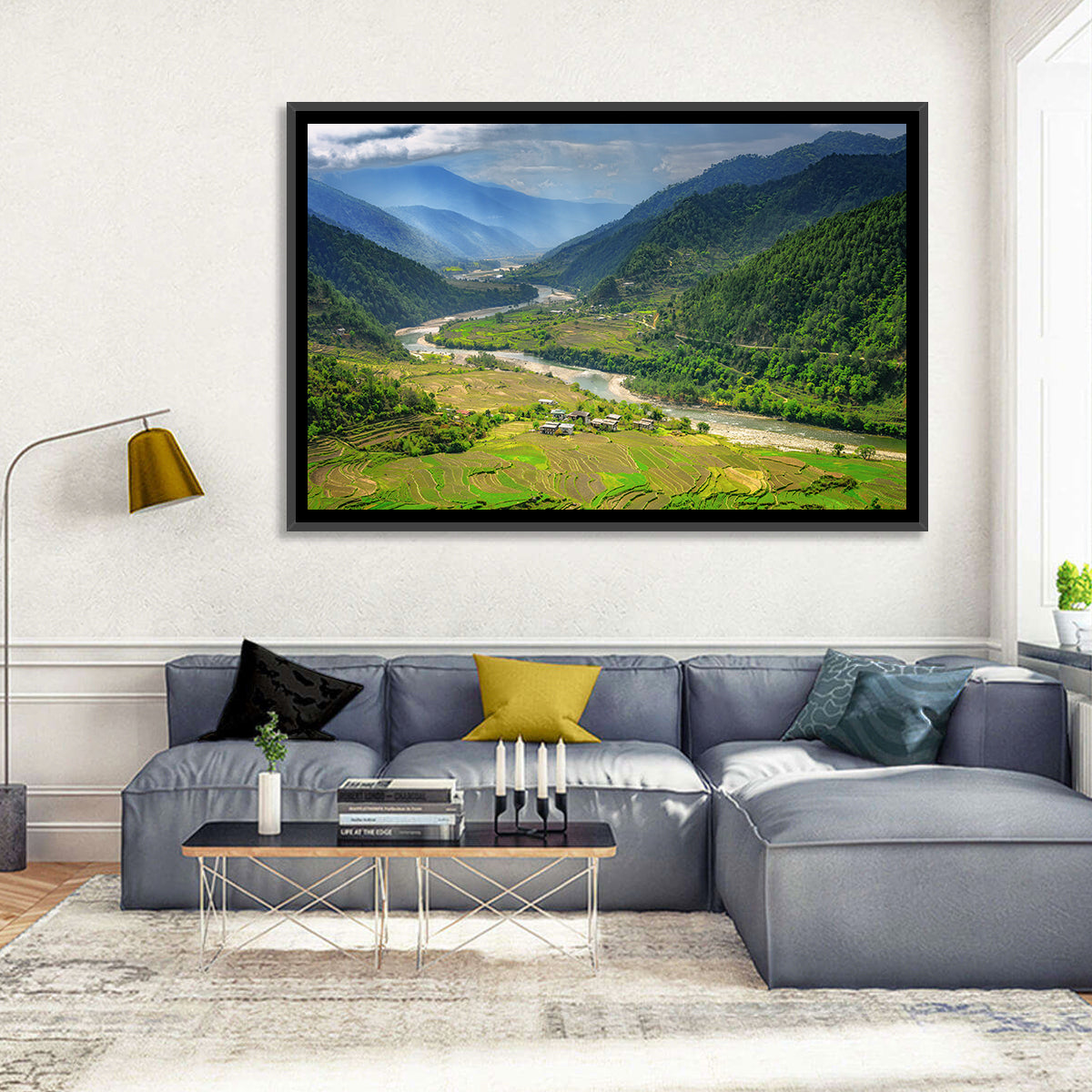 Punakha River Valley with Terraced Rice Fields Wall Art in a room, landscape