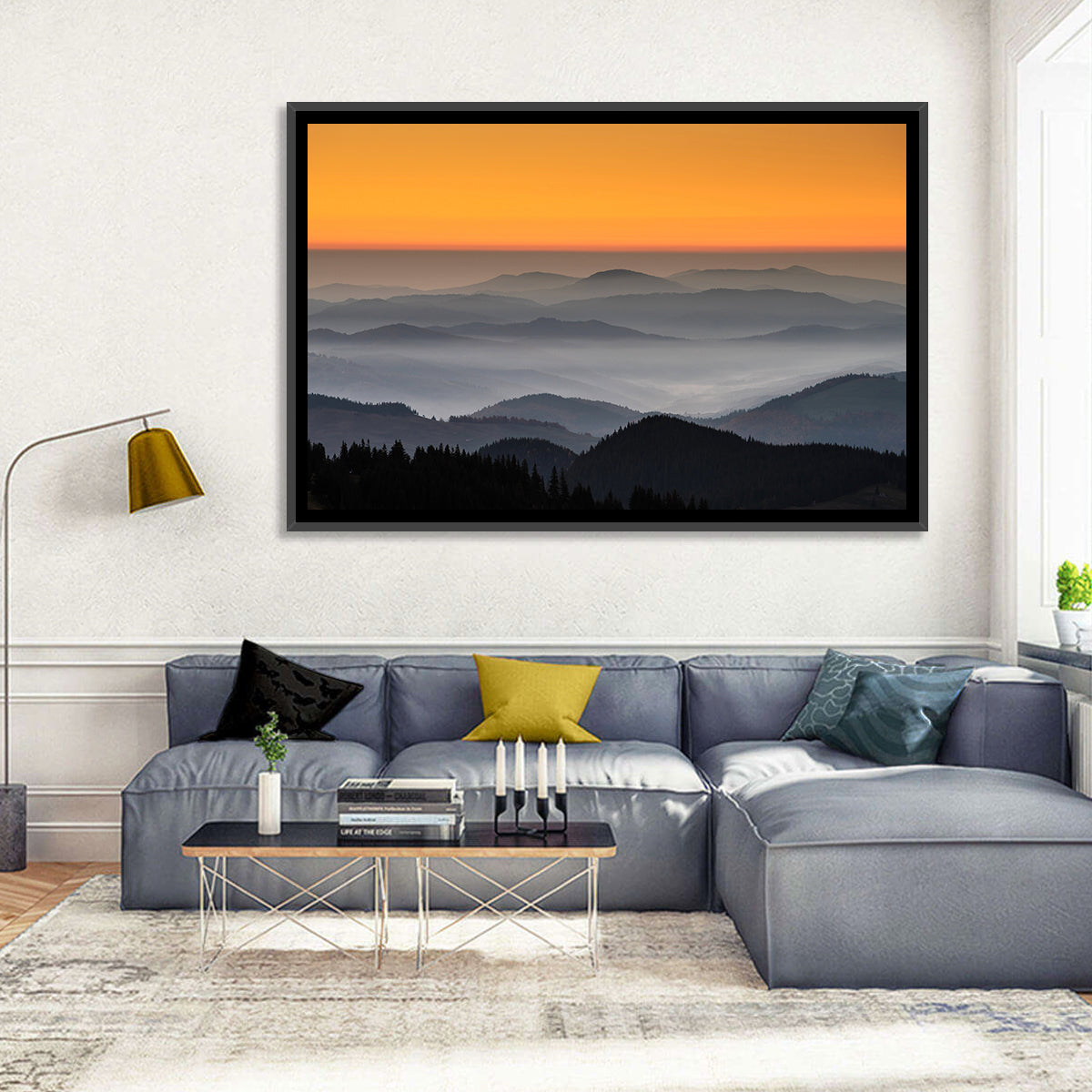 Rarau Mountains Sunrise Wall Art in a room, landscape