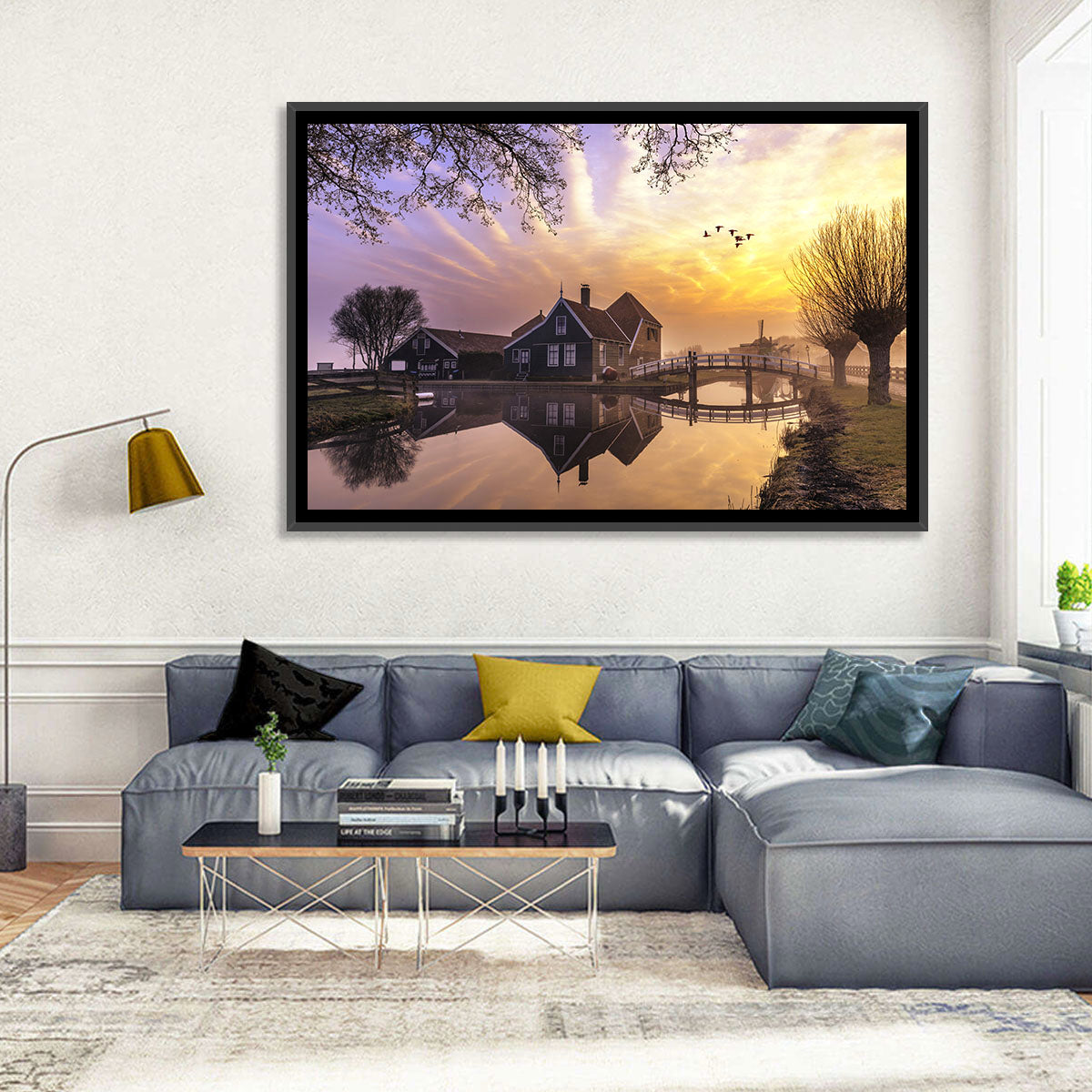 Dutch Canal House at Sunset Wall Art in a room, landscape