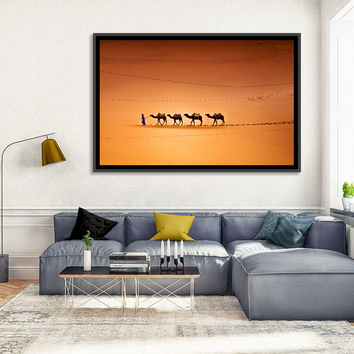 Sahara Camel Caravan Wall Art in a room, landscape