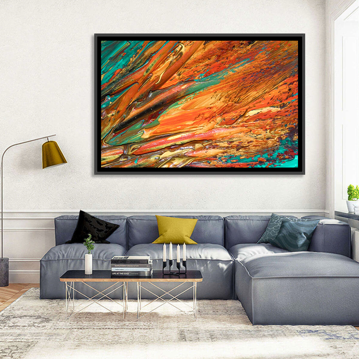 Flowing River Abstract in Orange and Teal Wall Art in a room, landscape