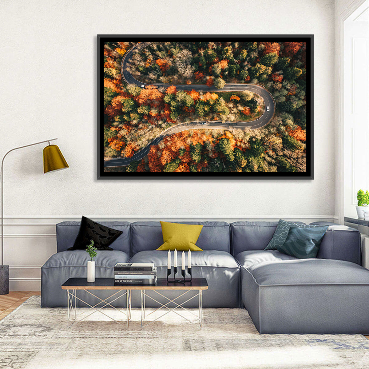 Aerial Winding Autumn Forest Road Wall Art in a room, landscape