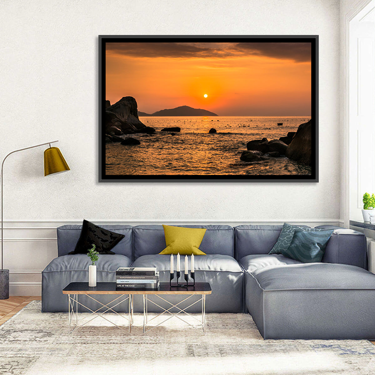 Orange Sunrise Over Rocky Coast Wall Art