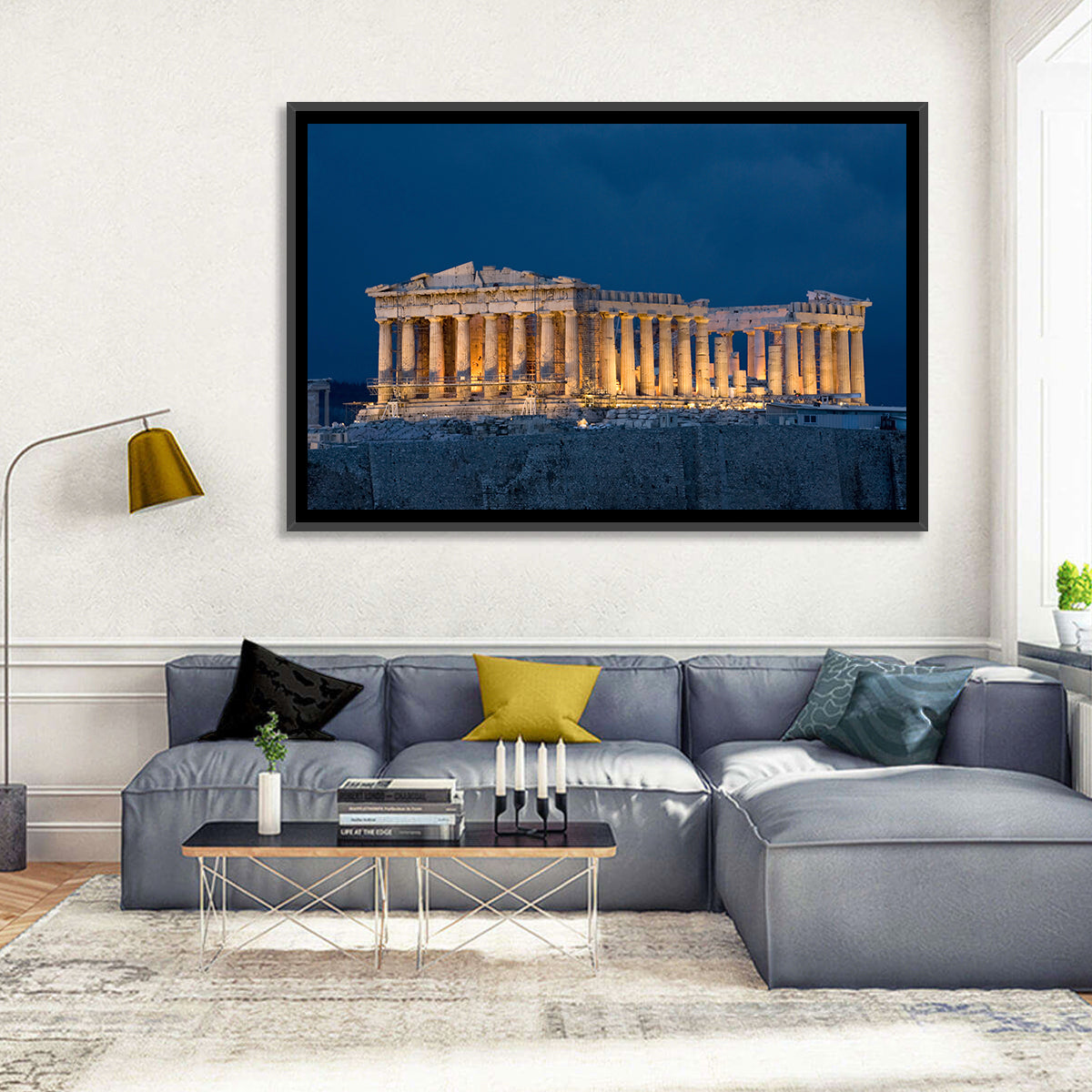 Illuminated Parthenon at Night Wall Art in a room, landscape