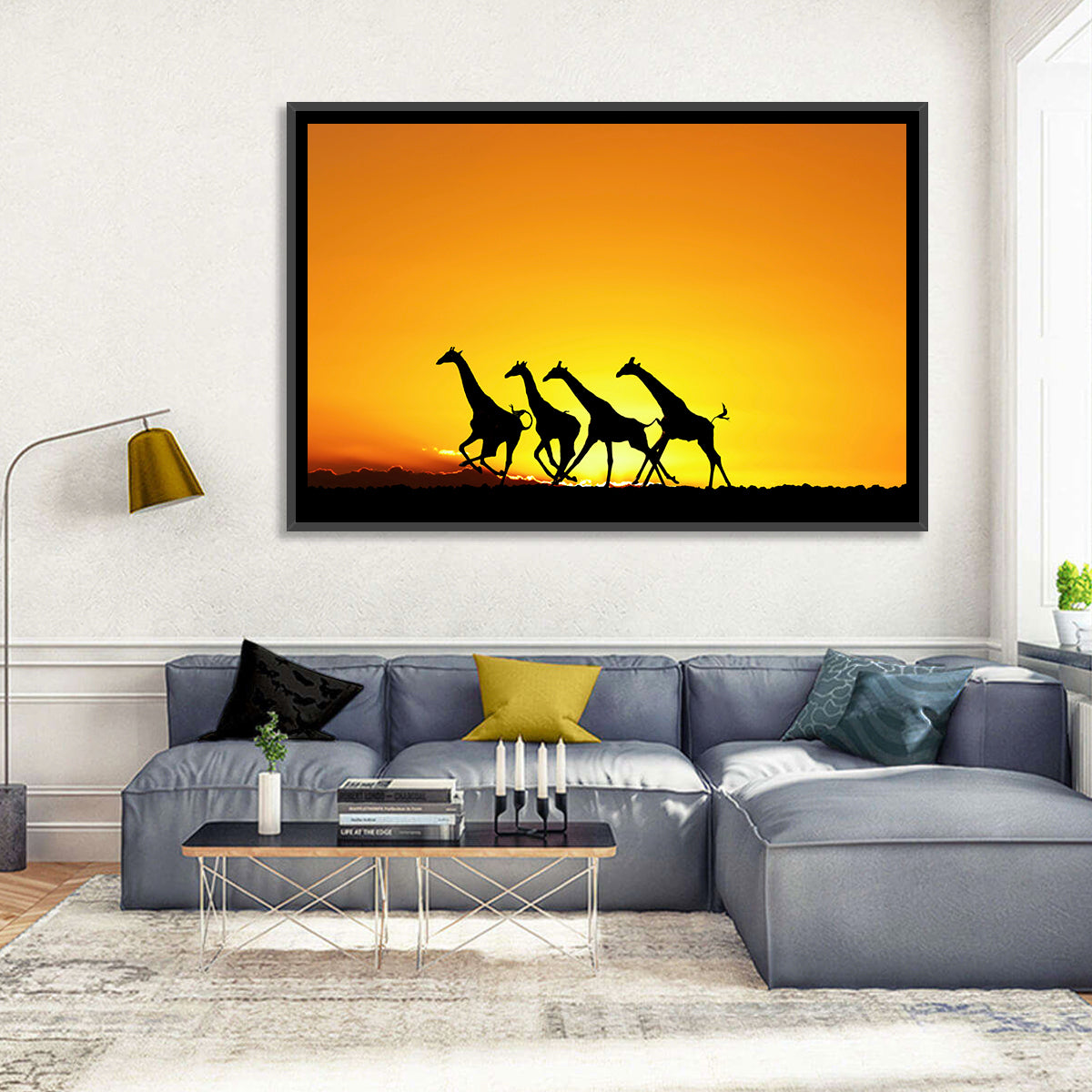 Savanna Giraffes at Sunset Wall Art in a room, landscape