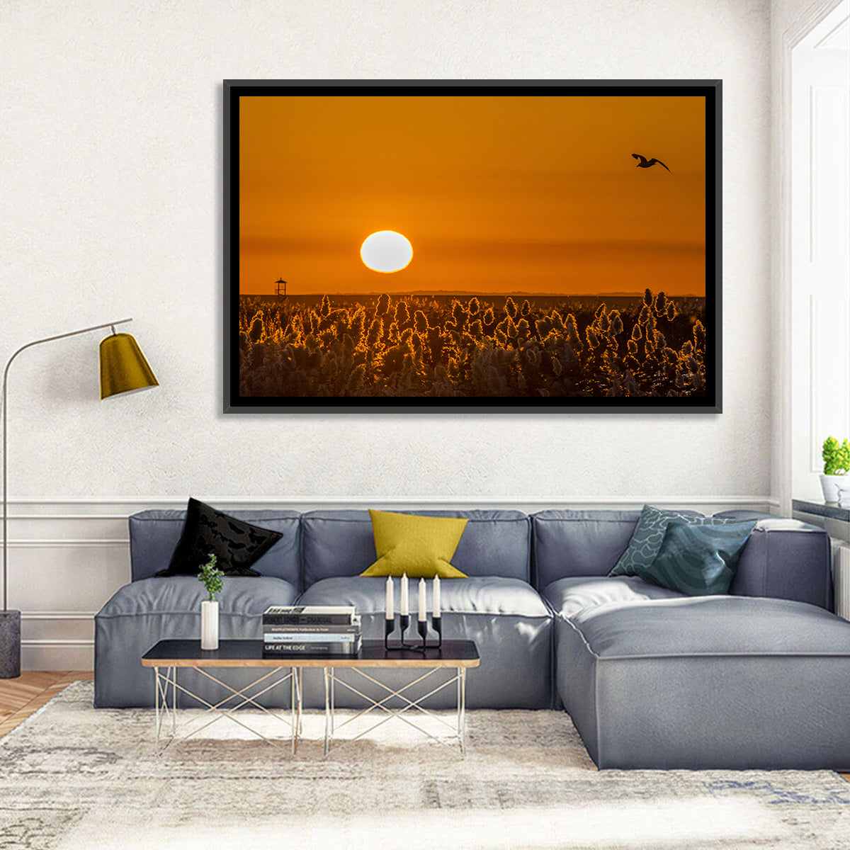 Golden Sunrise Over Reeds Wall Art in a room, landscape