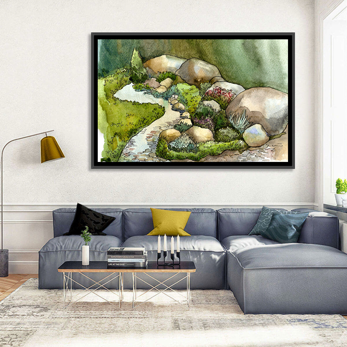 Watercolor Rock Garden Stream Wall Art in a room, landscape