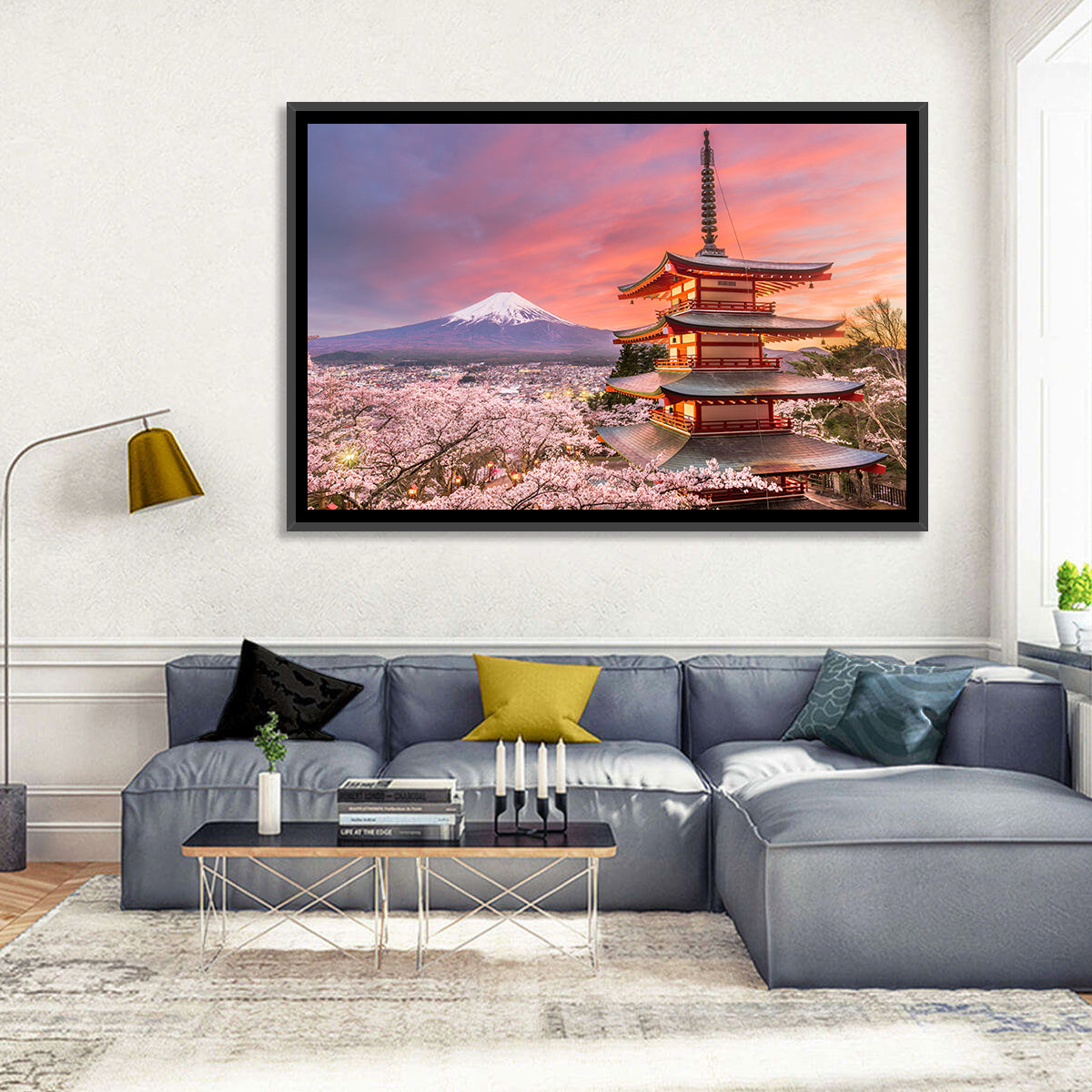 Chureito Pagoda and Mount Fuji at Sunset Wall Art in a room, landscape