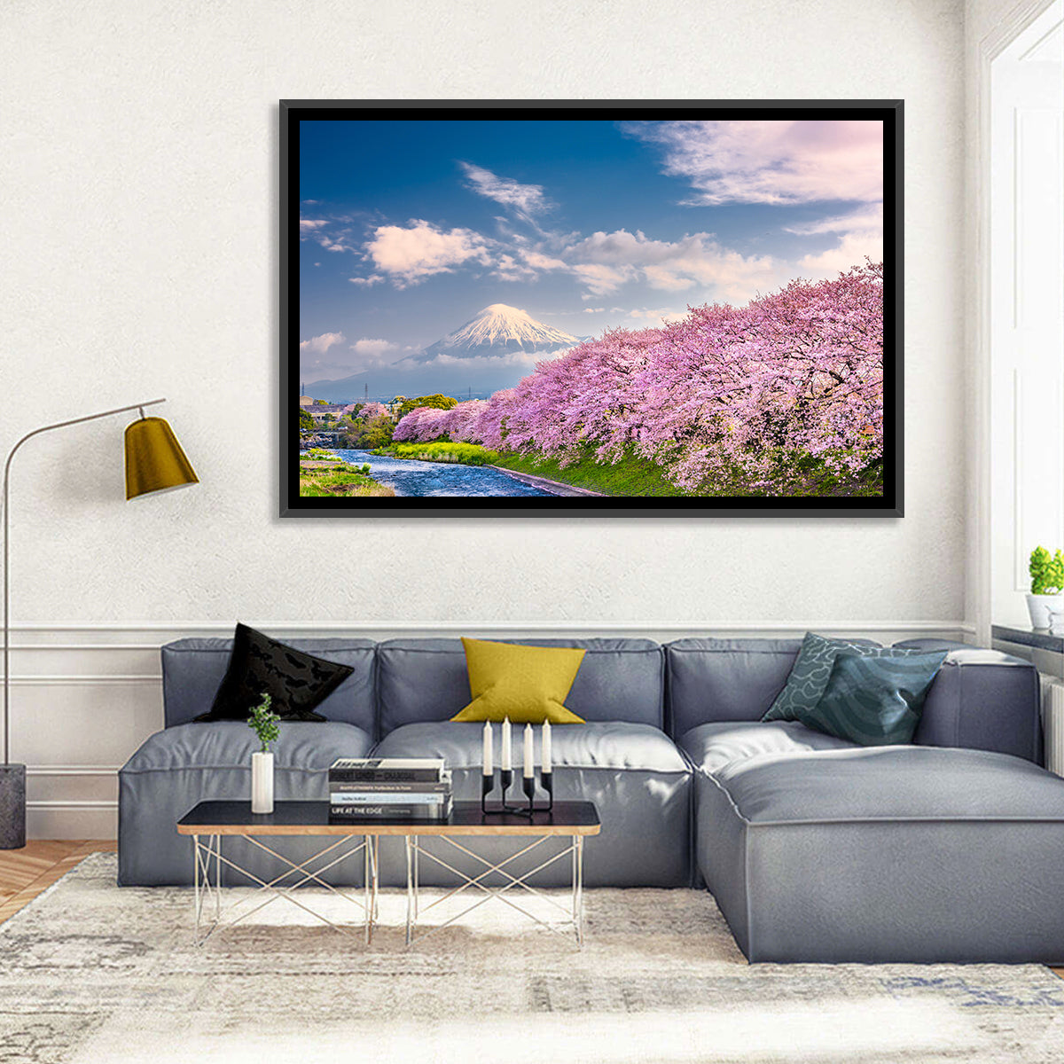 Mount Fuji Cherry Blossoms Wall Art in a room, landscape