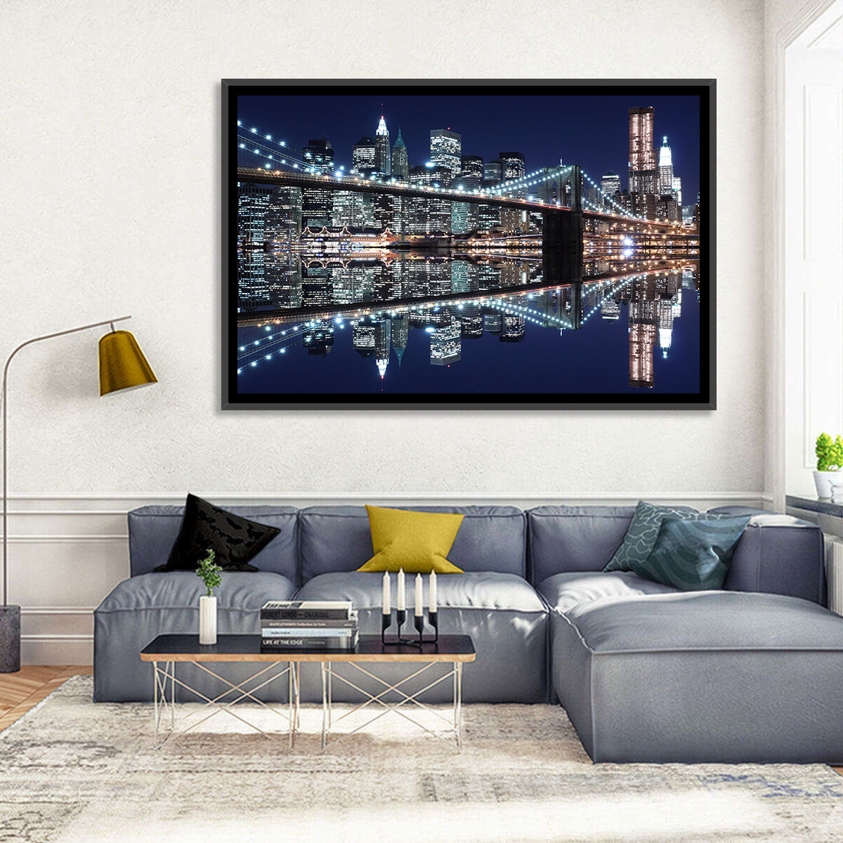 Brooklyn Bridge Symphony at Night Wall Art in a room, landscape