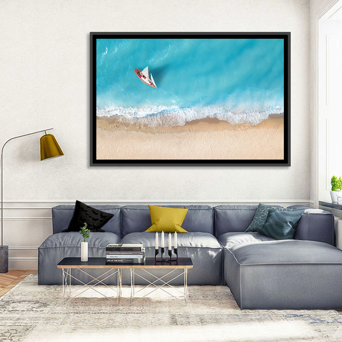 Centered Sailboat Over Turquoise Sea Wall Art in a room, landscape