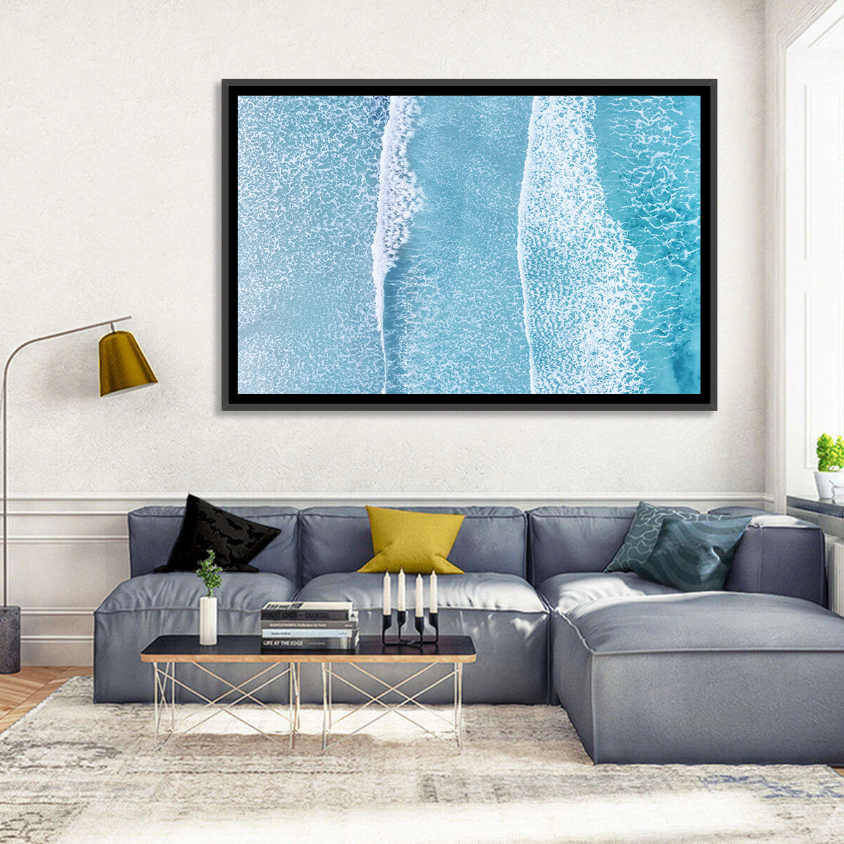 Twin Breaking Waves Over Turquoise Sea Wall Art in a room, landscape
