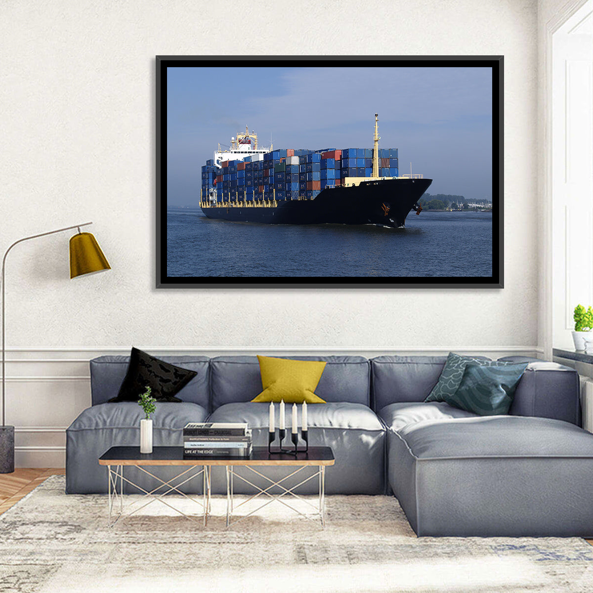 Container Ship in Motion Wall Art in a room, landscape