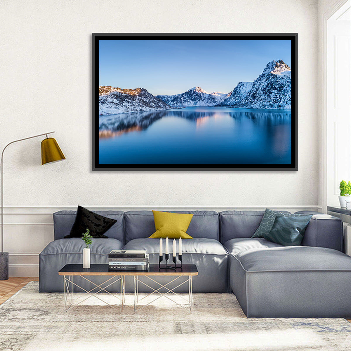 Snowy Lofoten Reflection Wall Art in a room, landscape
