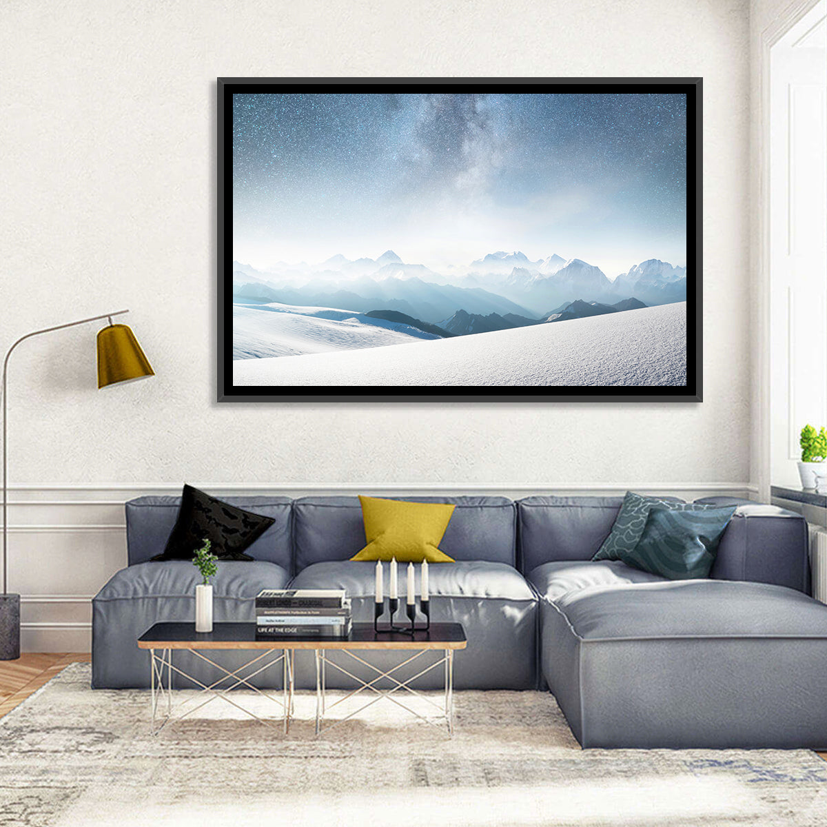 Starry Milky Way Over Snowy Peaks Wall Art in a room, landscape