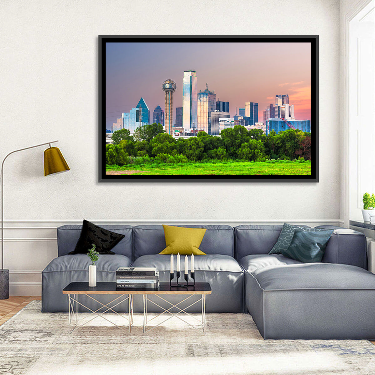 Dallas Golden Hour Skyline Wall Art in a room, landscape