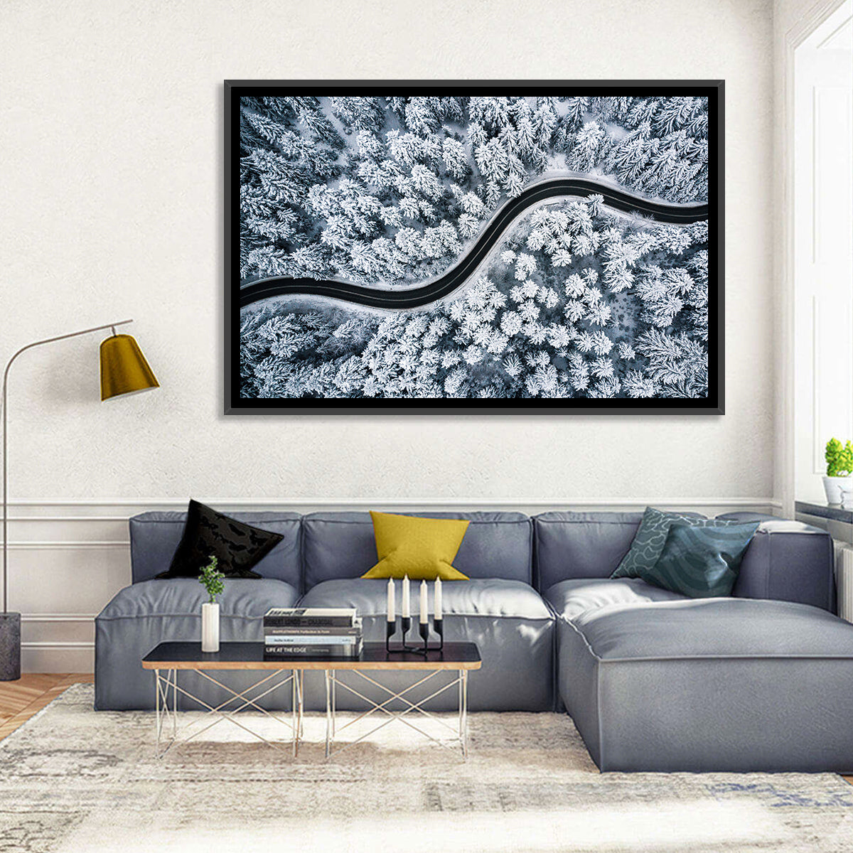 S-curve Winter Forest Road Wall Art in a room, landscape