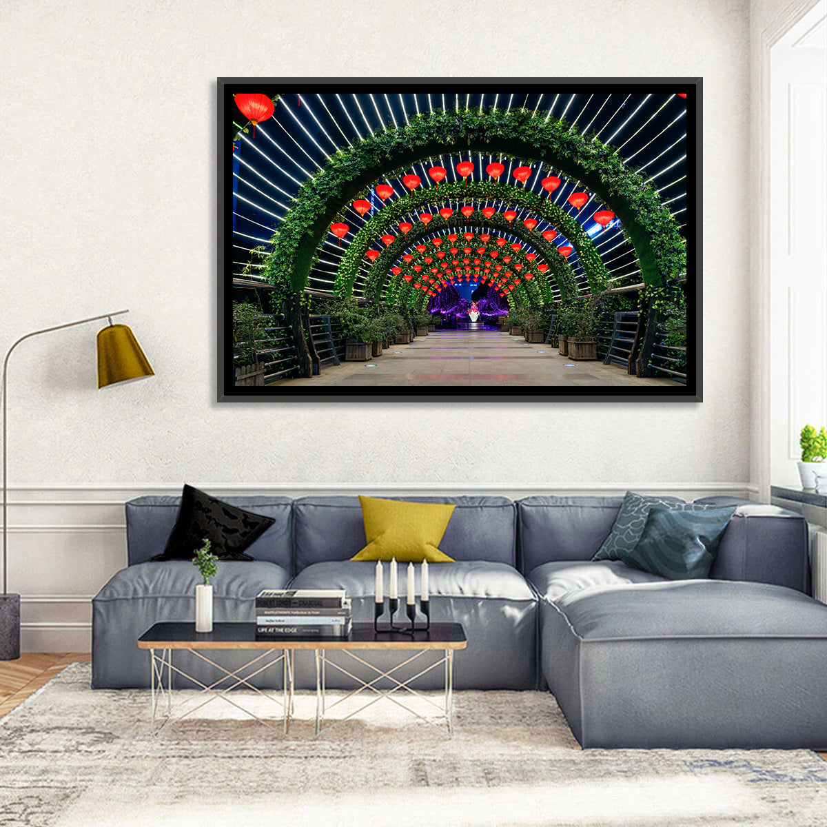 Red Lantern Trellis Tunnel Wall Art in a room, landscape