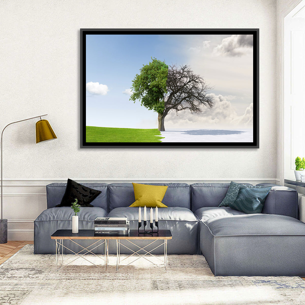 Summer to Winter Split Tree Wall Art in a room, landscape