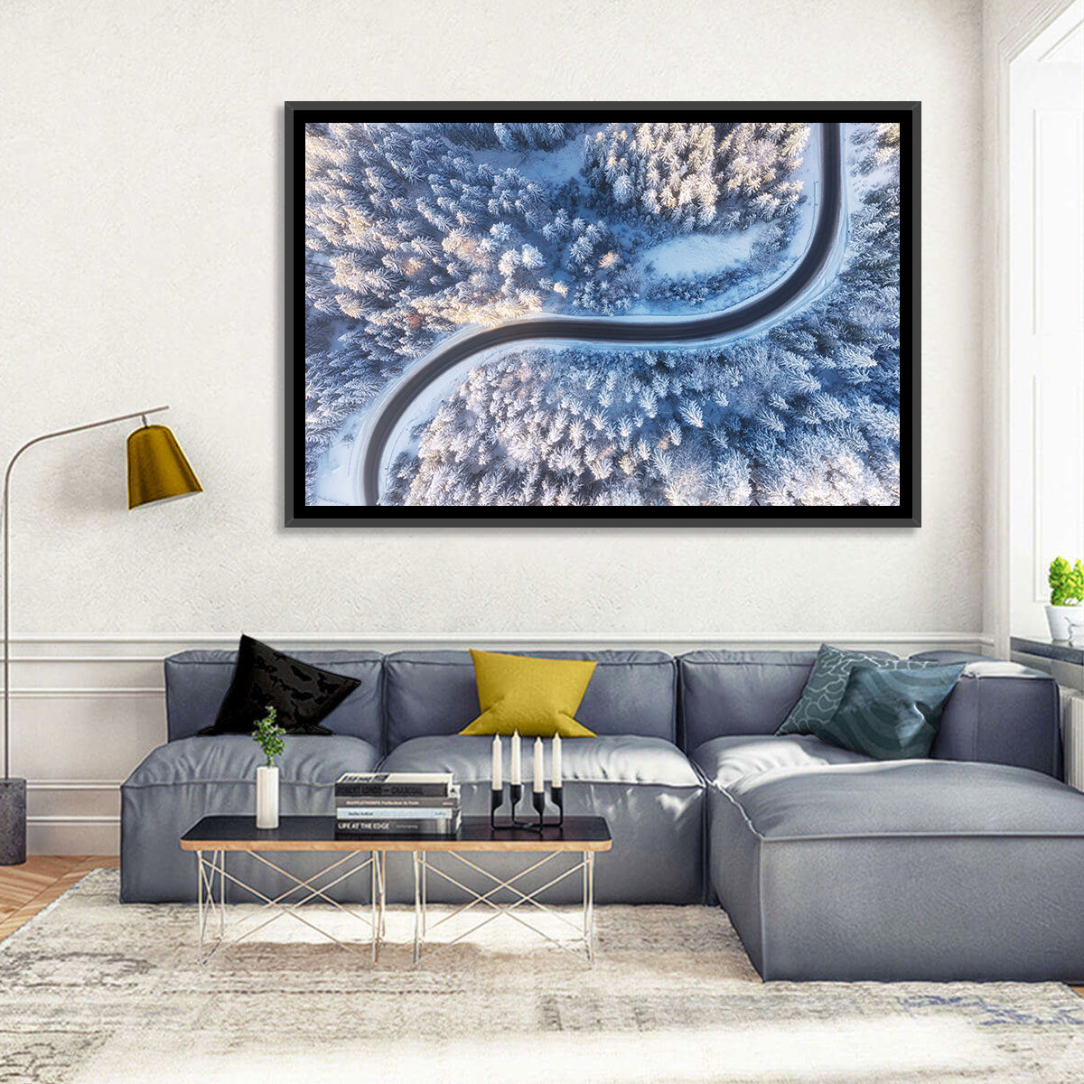 Winding Snow-covered Forest Road Wall Art in a room, landscape