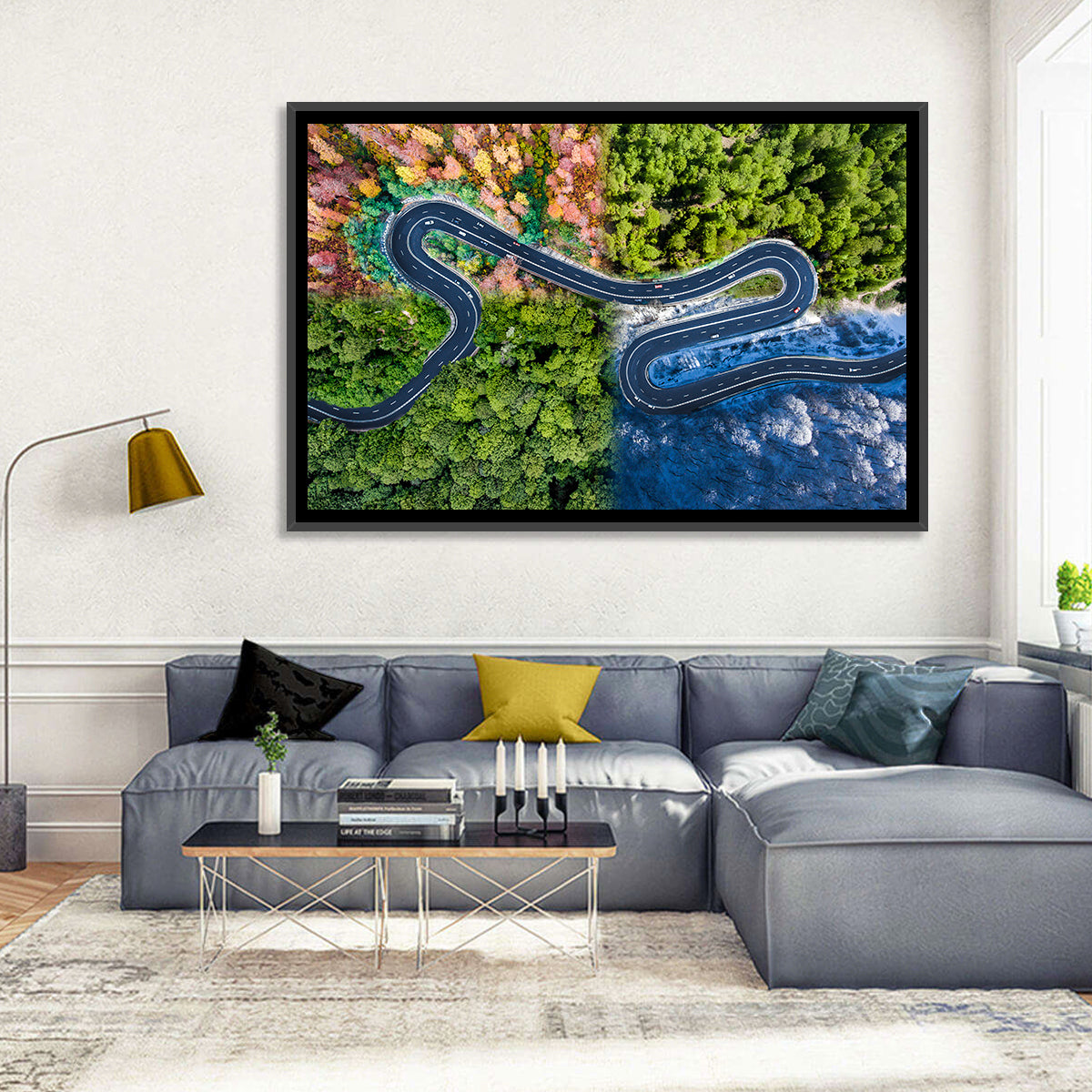 Four Seasons Winding Road Wall Art in a room, landscape