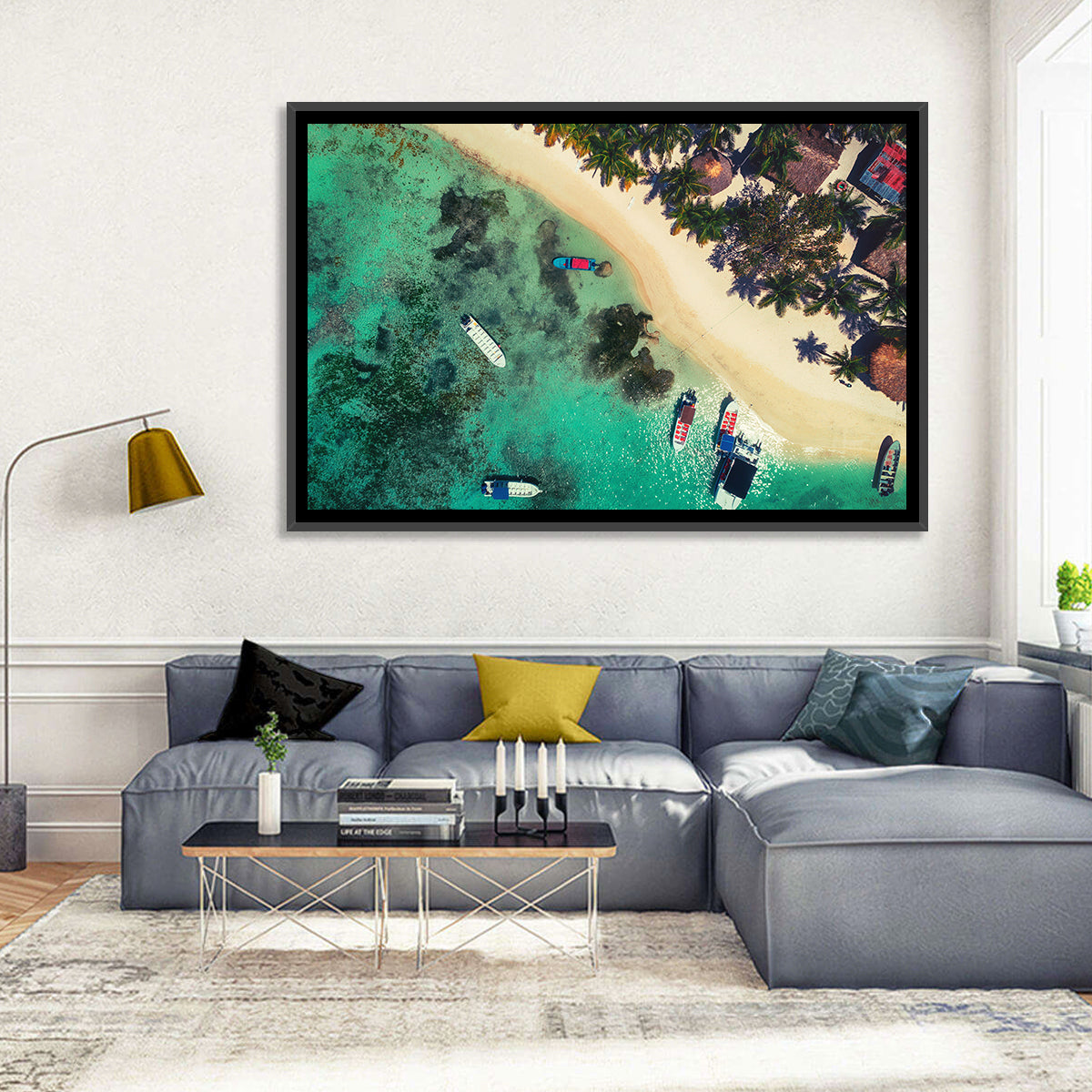 Aerial Tropical Shoreline with Six Boats Wall Art