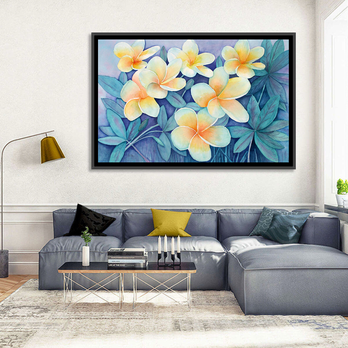 Watercolor Frangipani Cluster Wall Art in a room, landscape