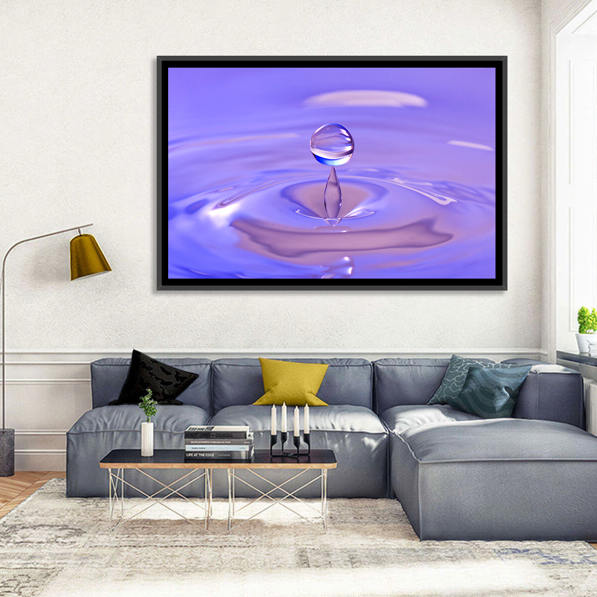 Purple Water Droplet Splash Wall Art in a room, landscape