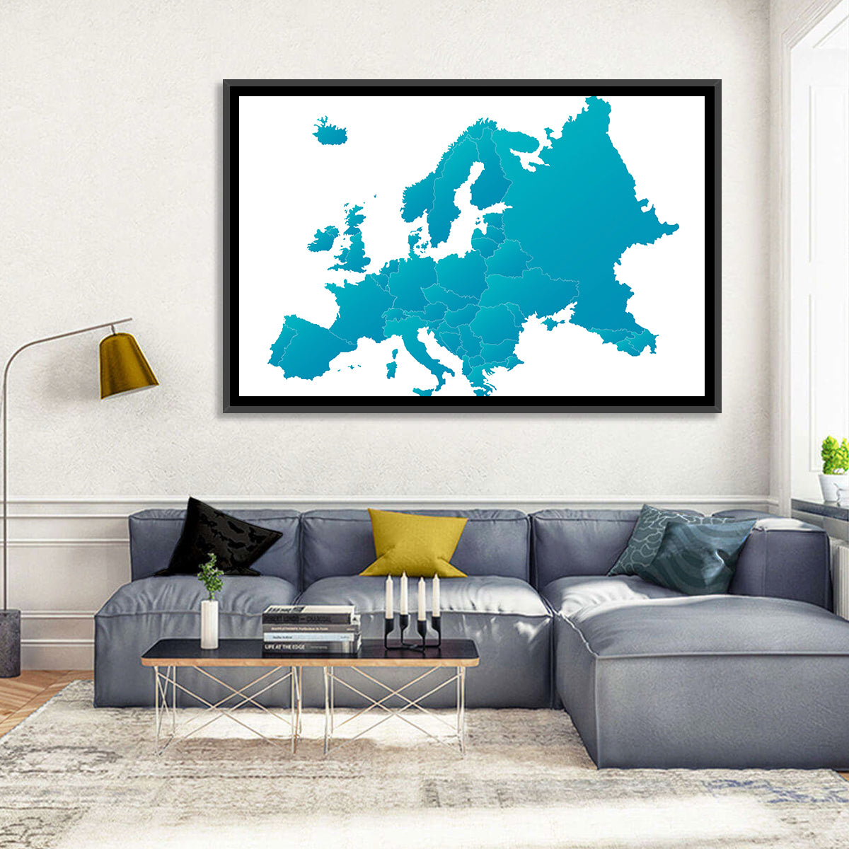 Teal Gradient Europe Map Wall Art in a room, landscape