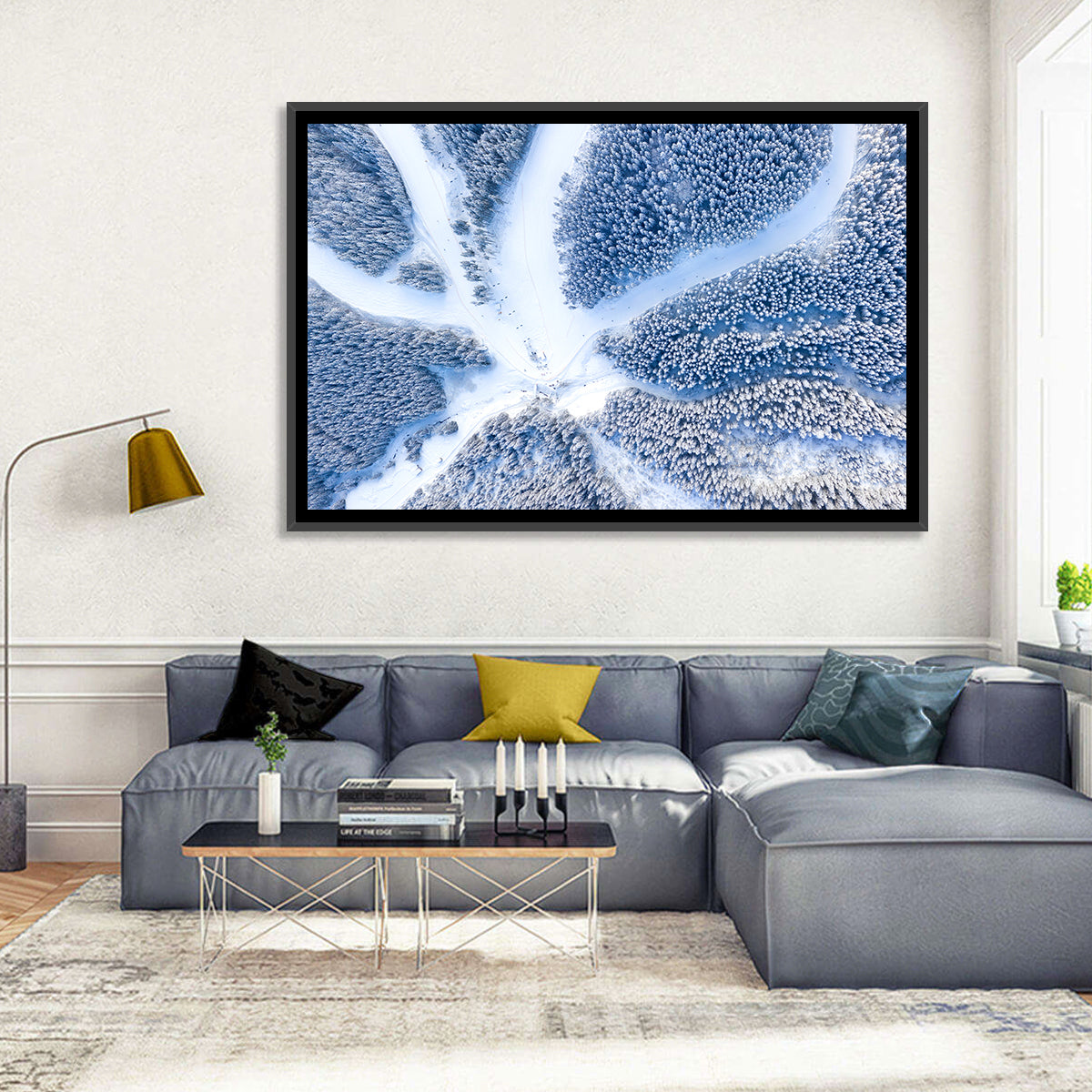 Birds-eye Ski Resort Landscape Wall Art in a room, landscape
