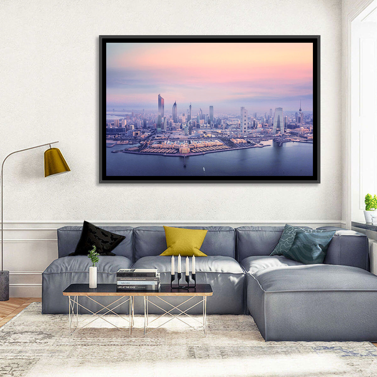 Kuwait City Twilight Skyline Wall Art in a room, landscape
