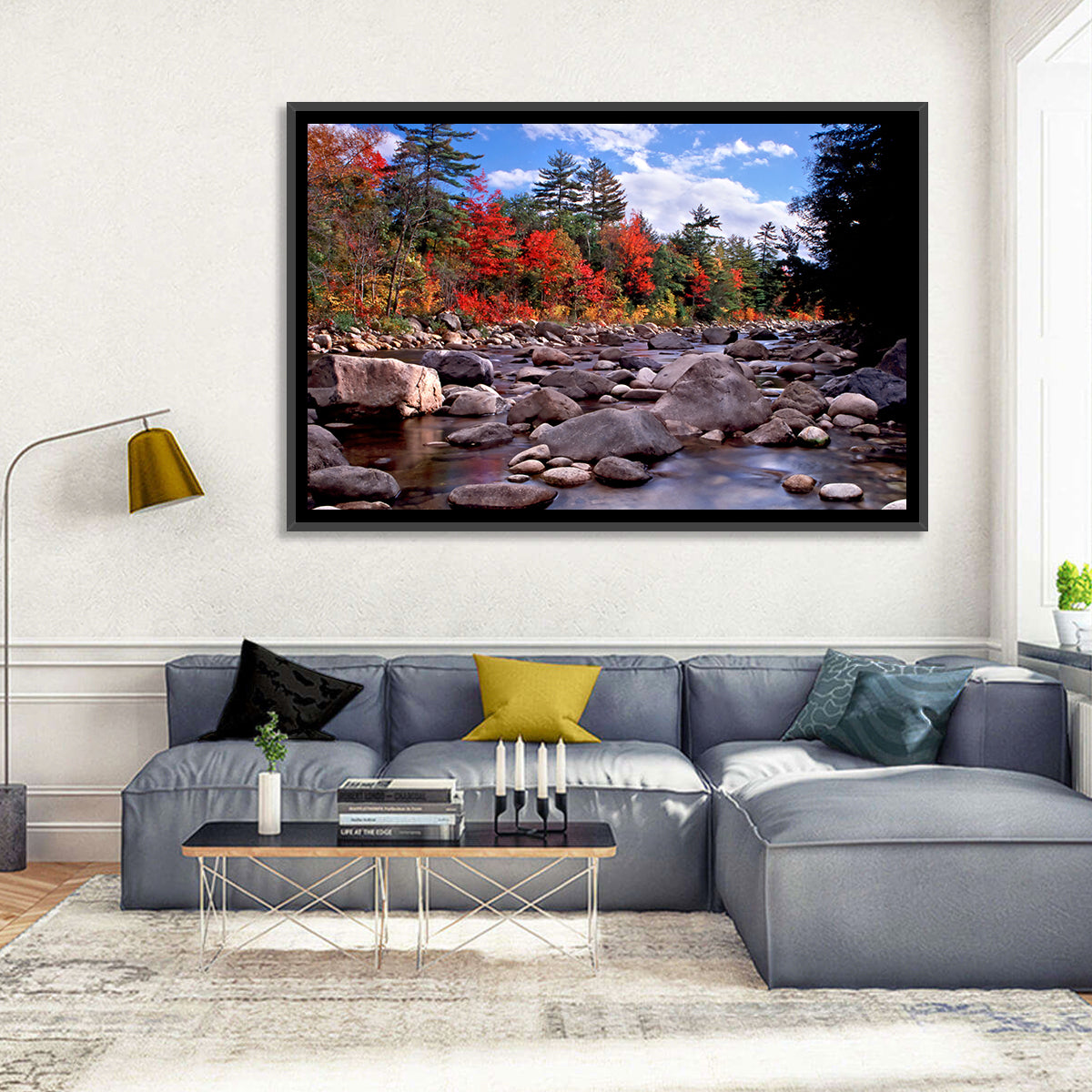 New Hampshire Autumn Stream Wall Art in a room, landscape